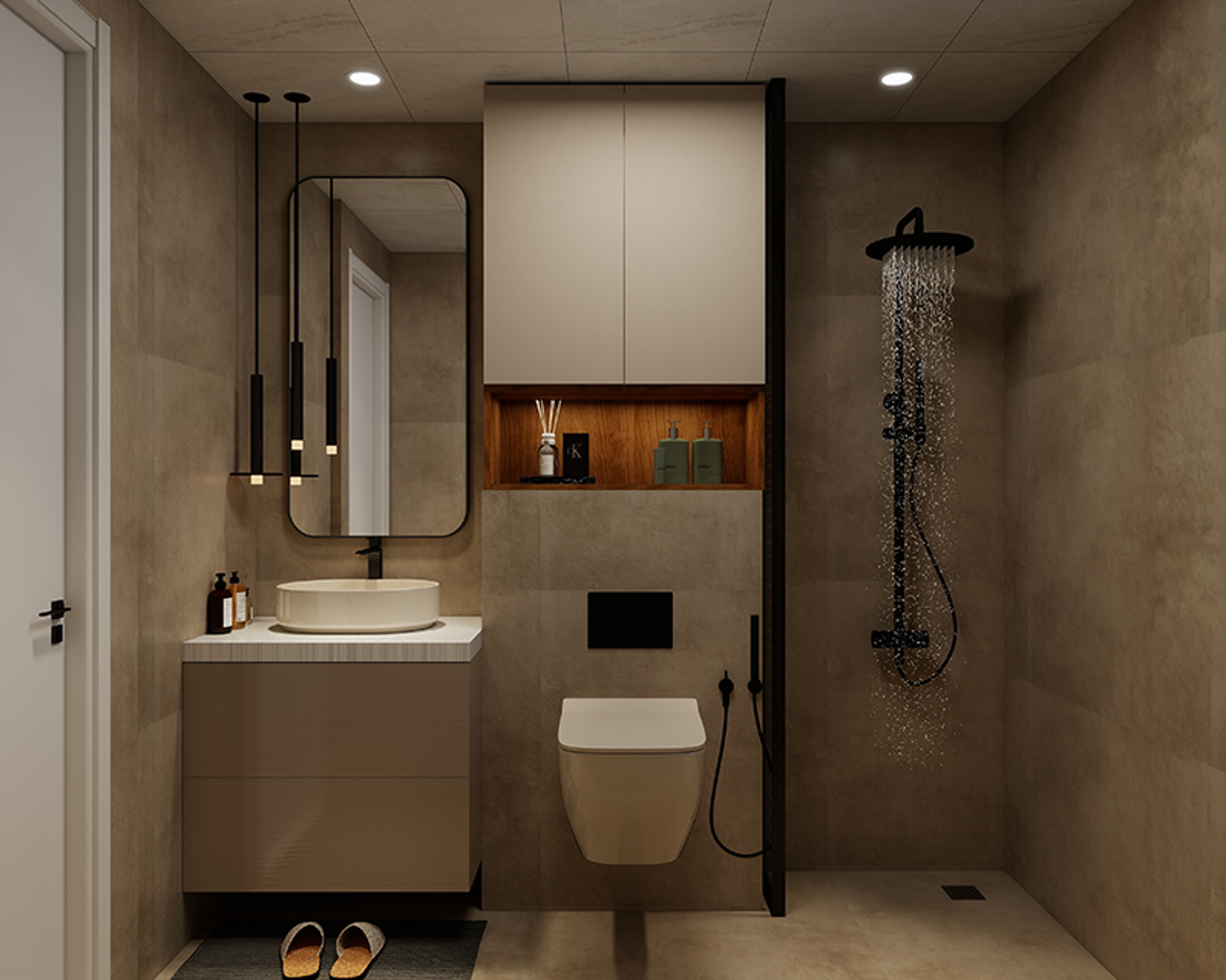 Quartz Countertop Bathroom Design with Matte Storage and Taupe Tiles