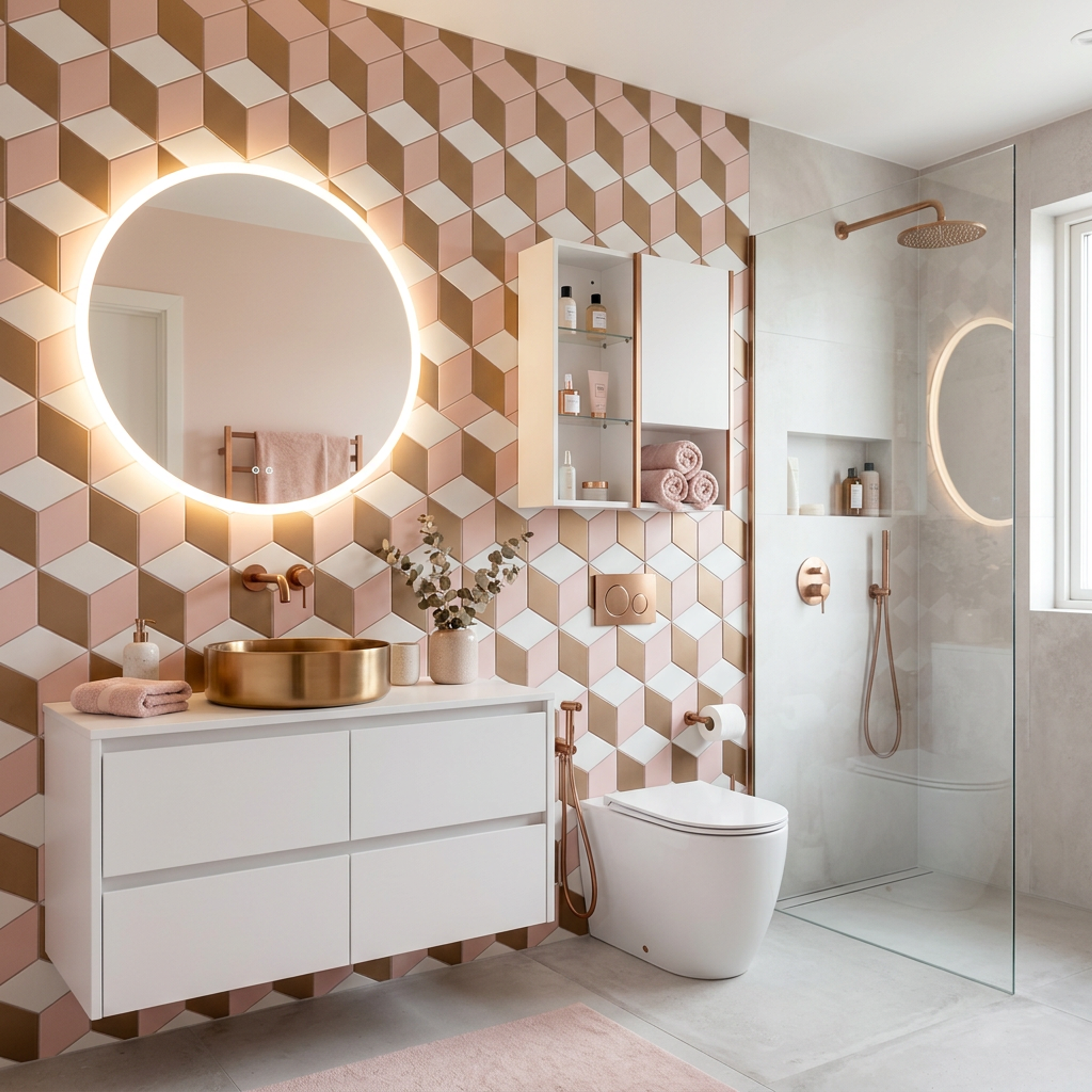 Contemporary Dusty Pink Bathroom Design with Rose Gold Accents