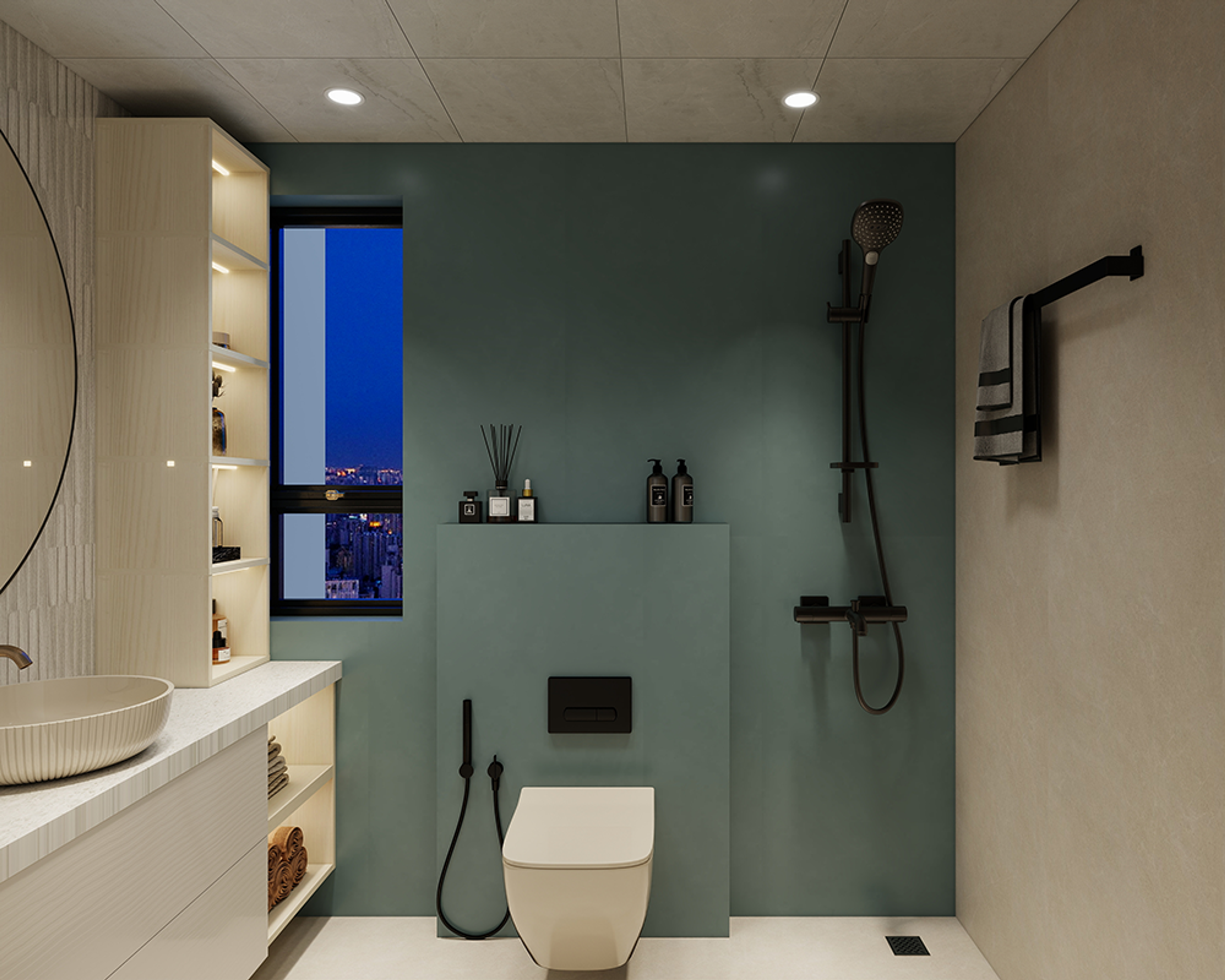 Sage Green Bathroom Design with Semi-Circular Mirror and Wall Vanity