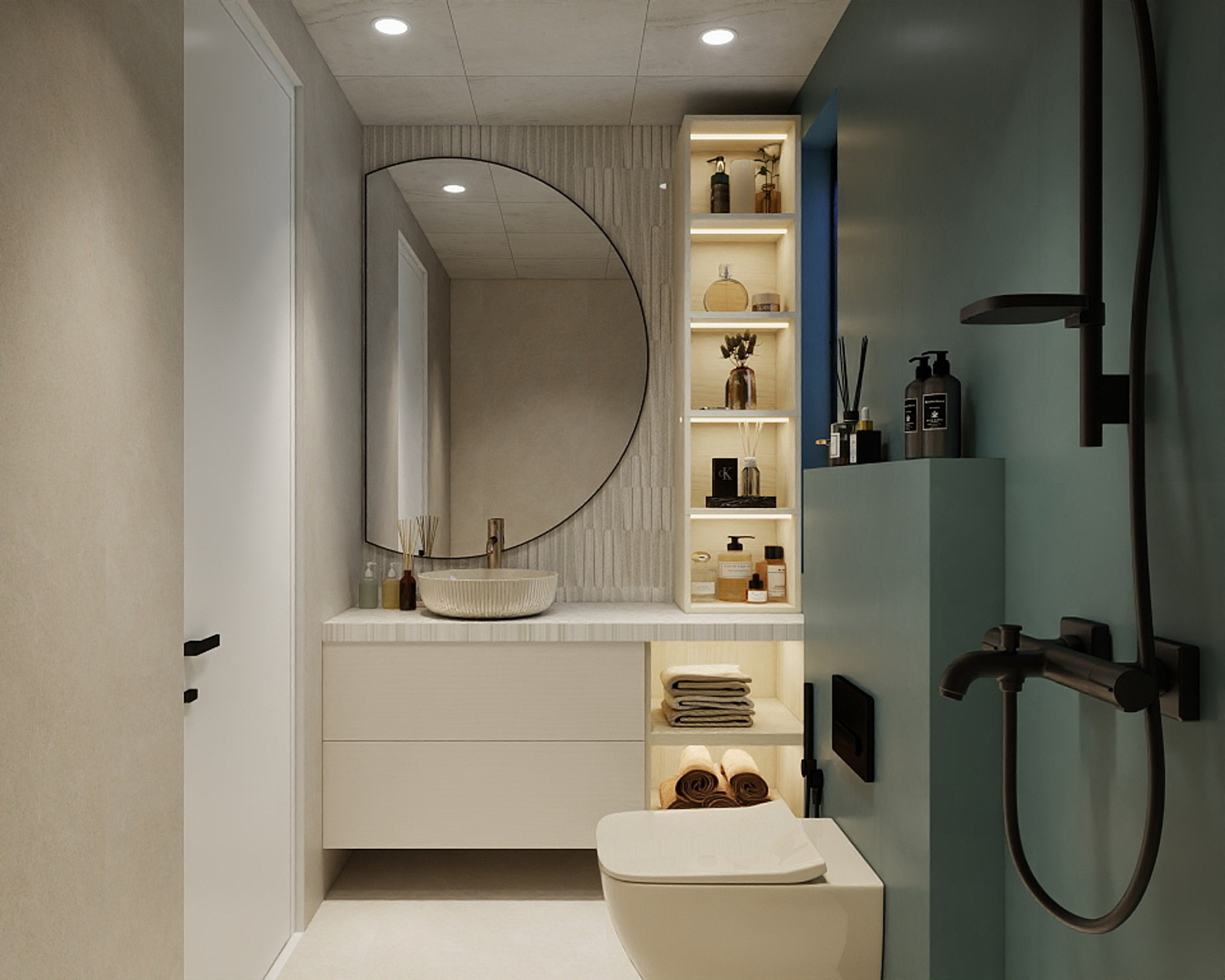 Sage Green Bathroom Design with Semi-Circular Mirror and Wall Vanity