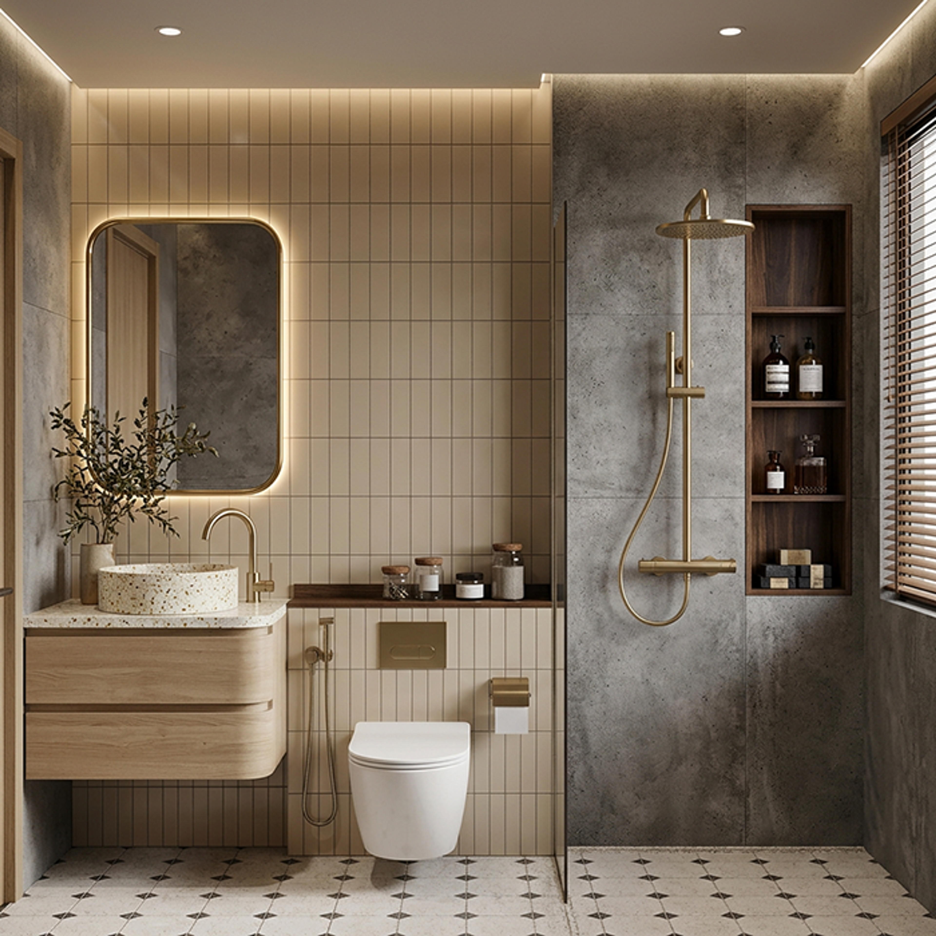 Concrete-Texture Bathroom Design with Terrazzo Countertop and Gold-Toned Fittings
