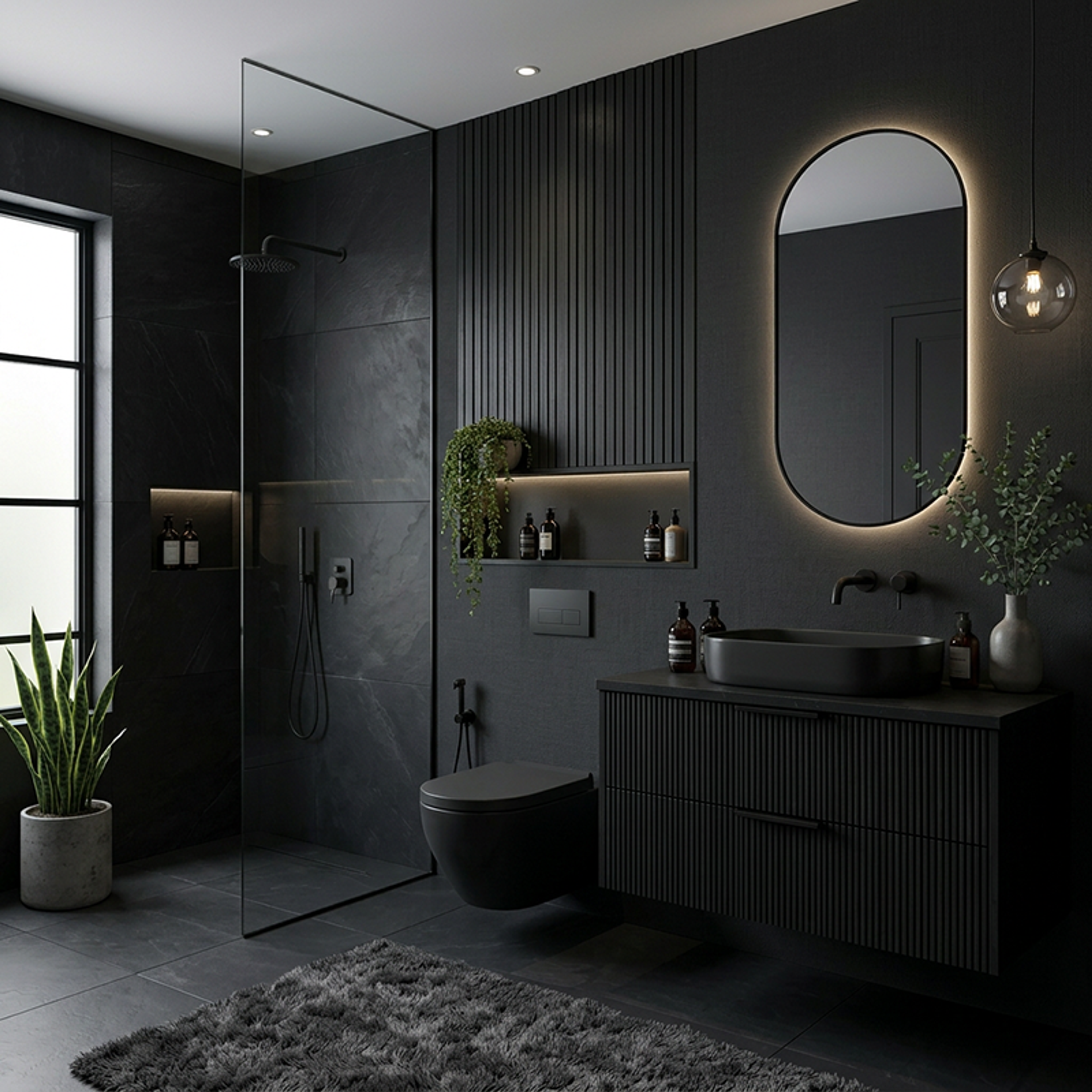 Dark Grey Bathroom Design with Ribbed Vanity and Oval Mirror