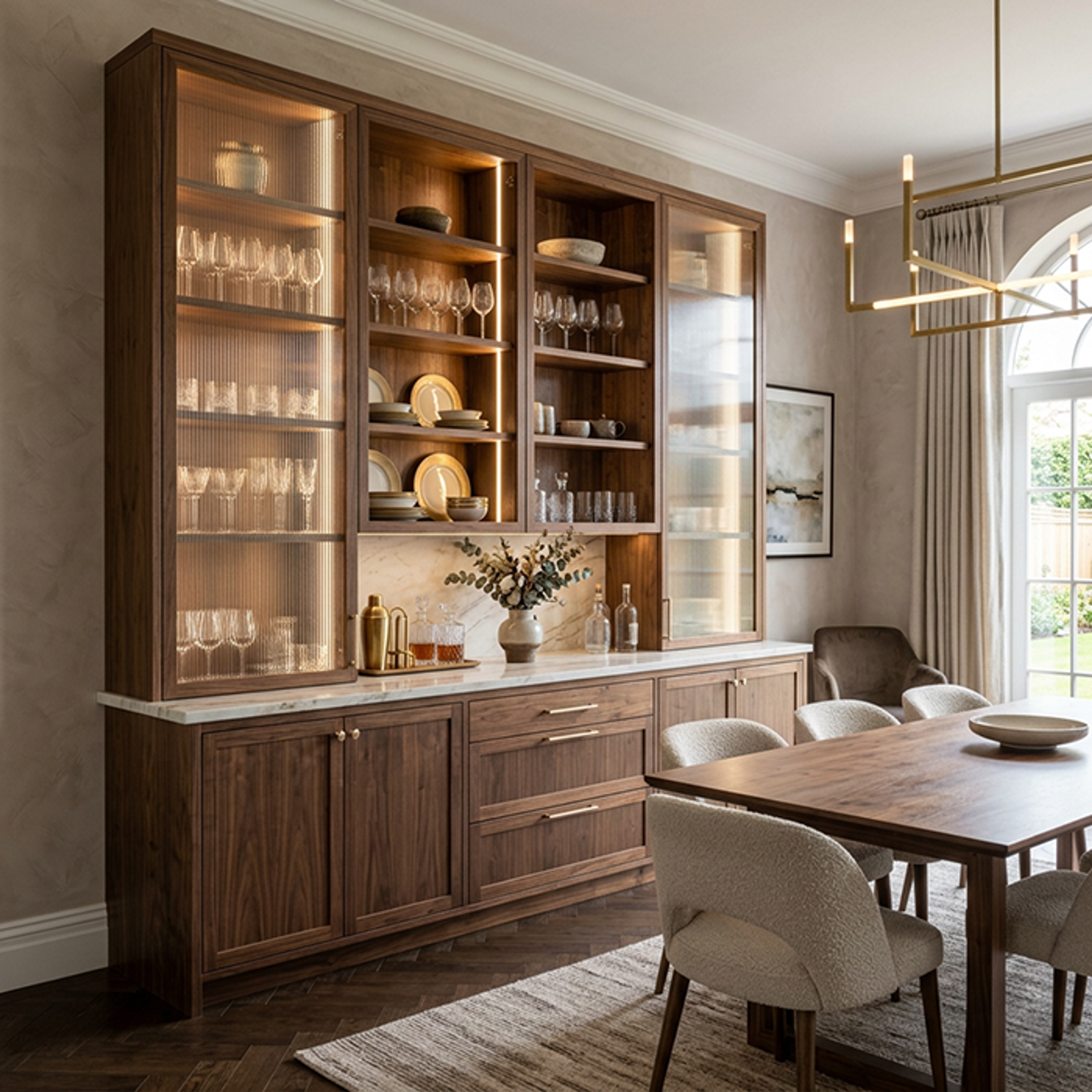 Traditional Crockery Unit Design with Walnut Finish and Fluted Glass