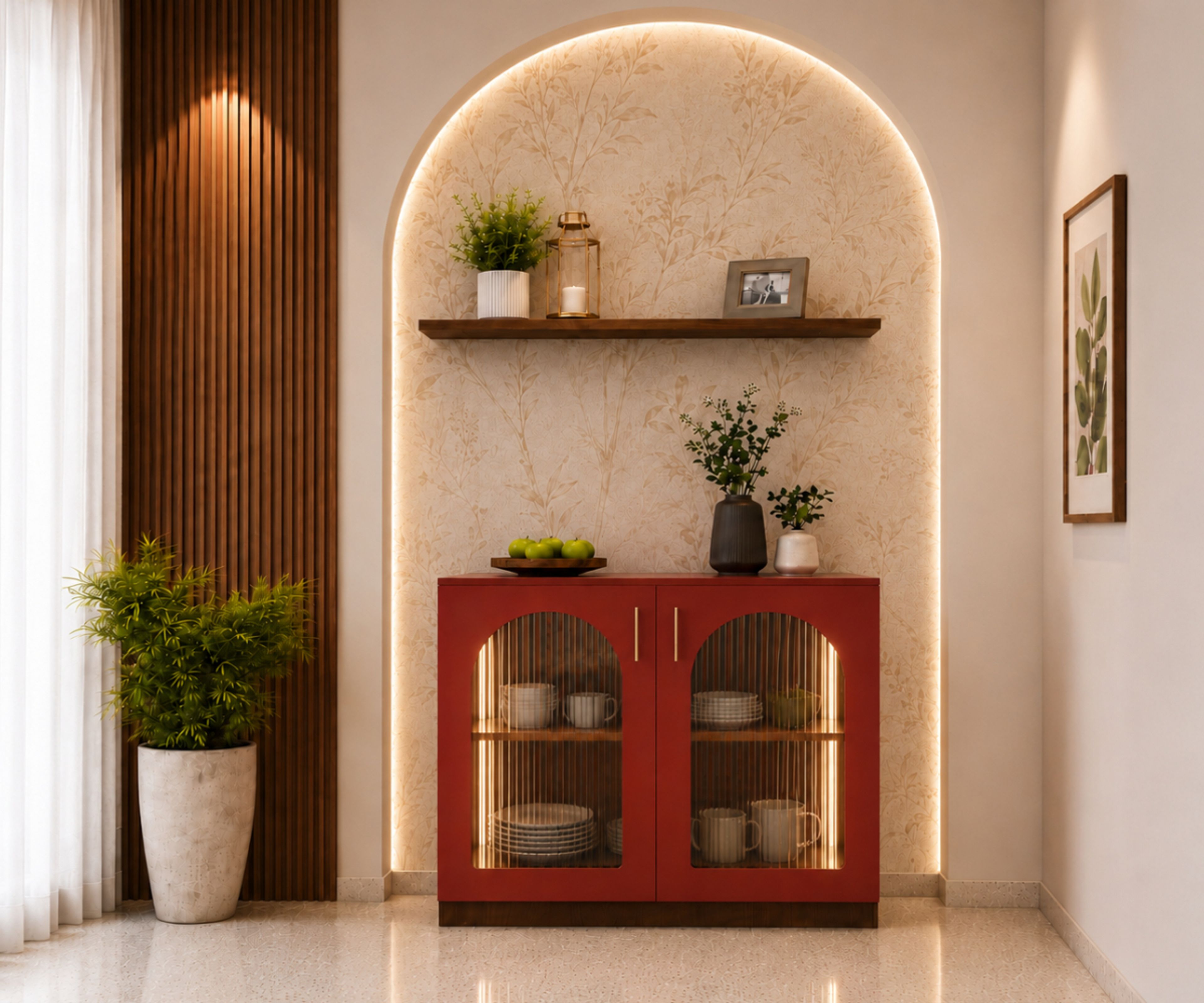 Red Crockery Unit with Fluted Glass Doors And Floating Shelf