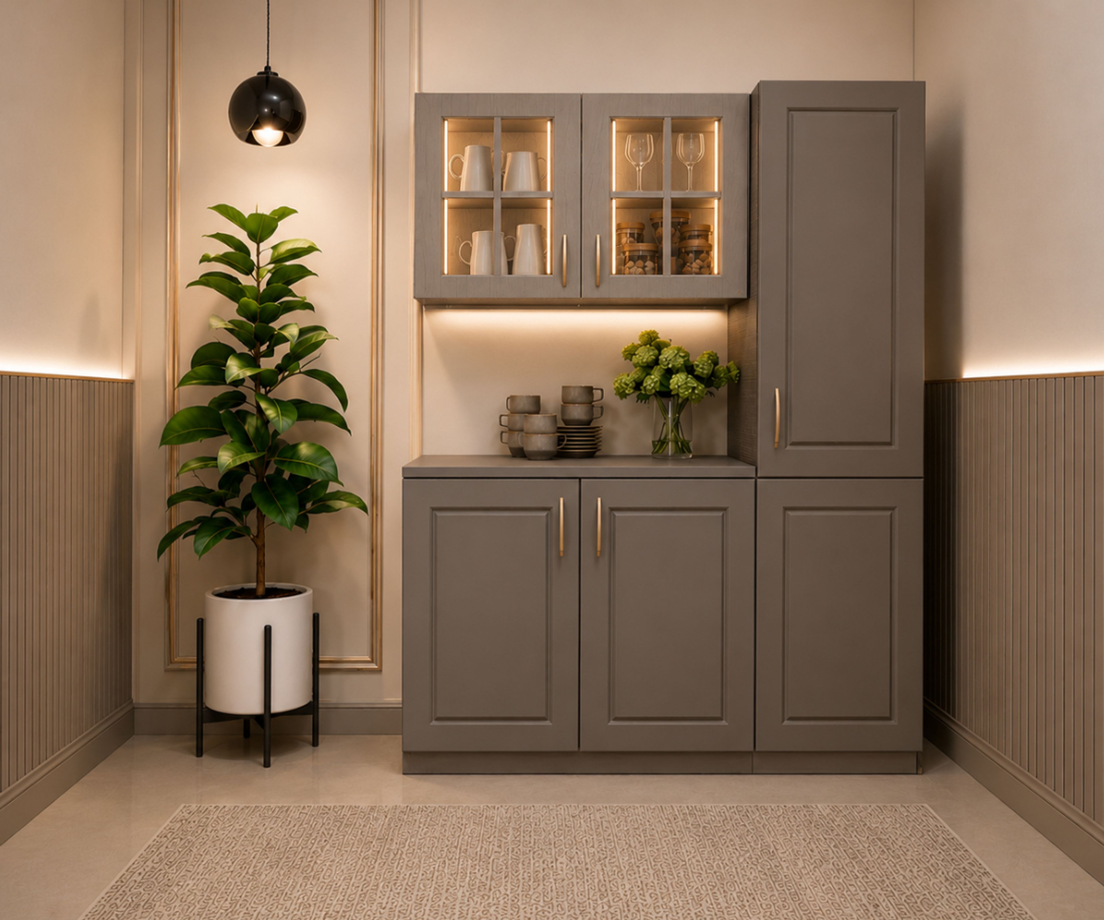 Grey Crockery Cabinet with Glass Grid Cabinets And Side Pantry
