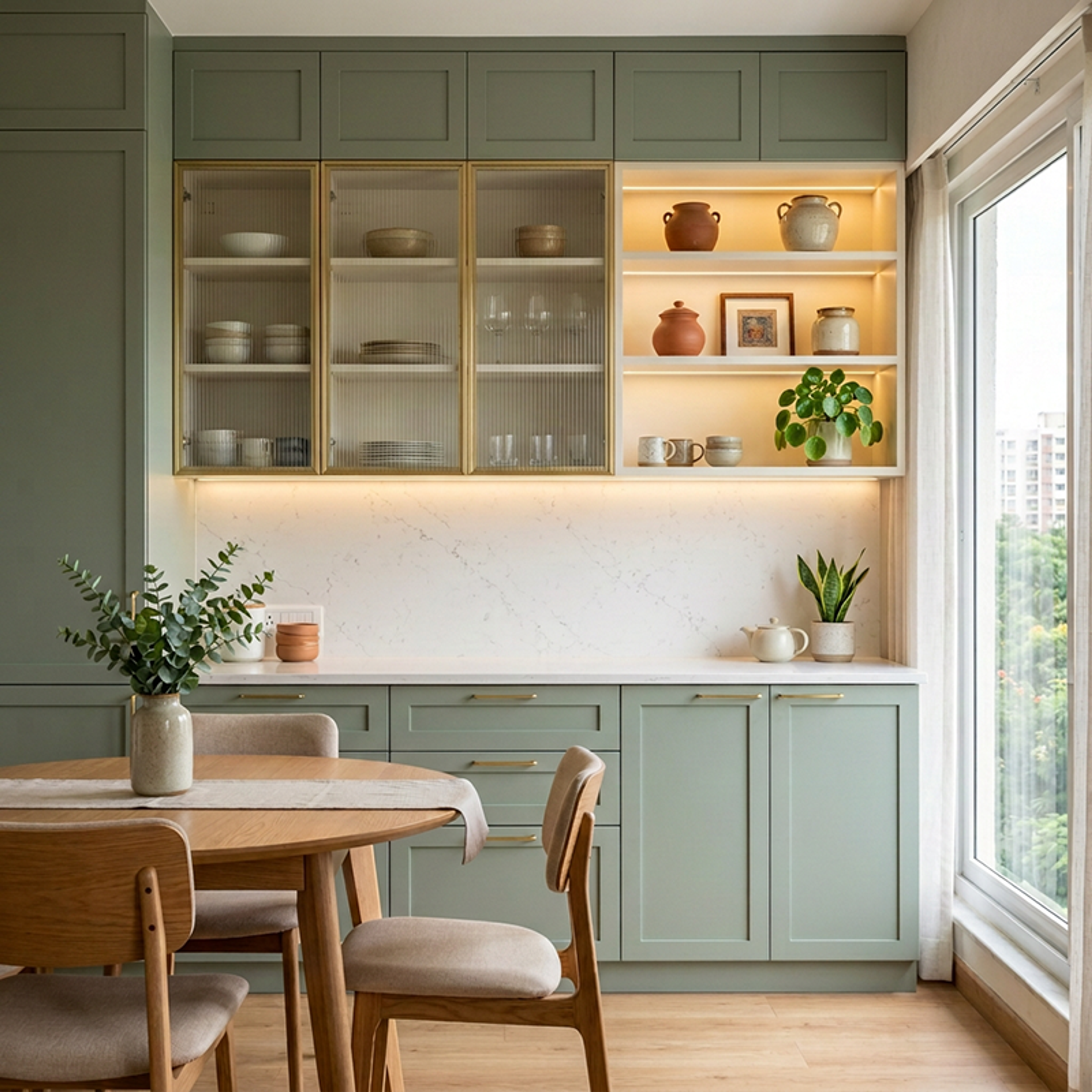 Green Crockery Cabinet with Open Shelves
