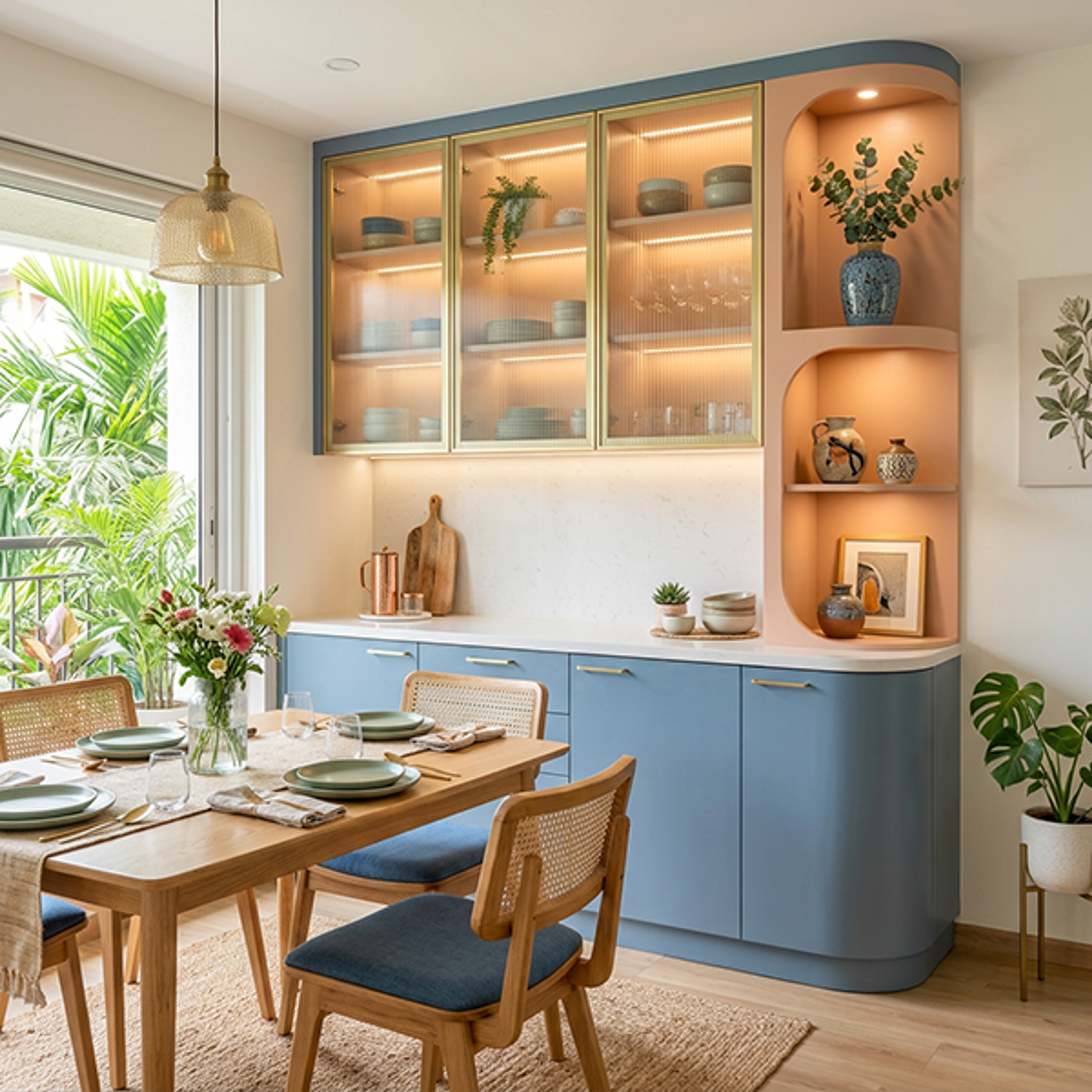Blue Dining Room Crockery Unit with Curved Shelves
