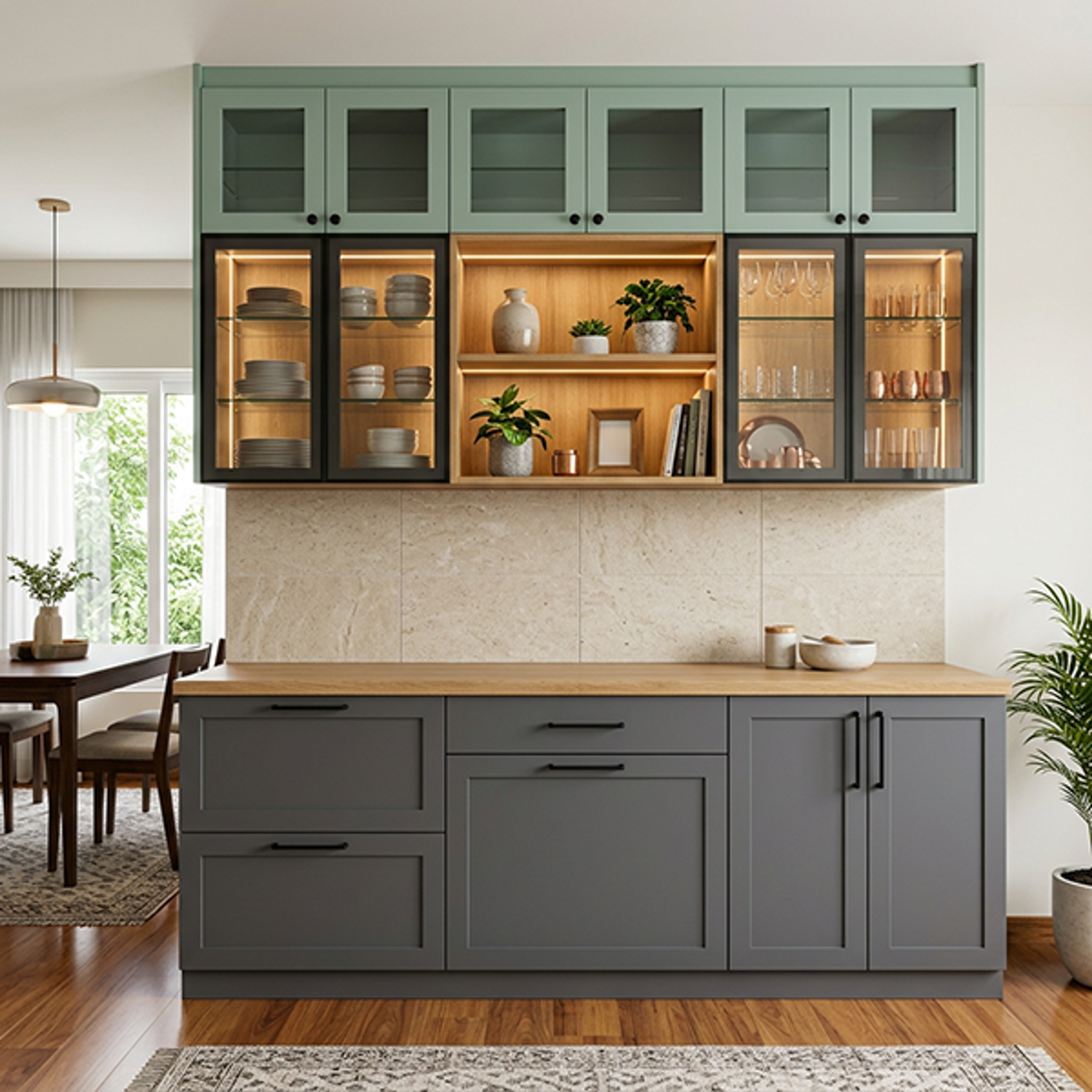 Multi-Tone Crockery Unit with Open Wooden Shelves