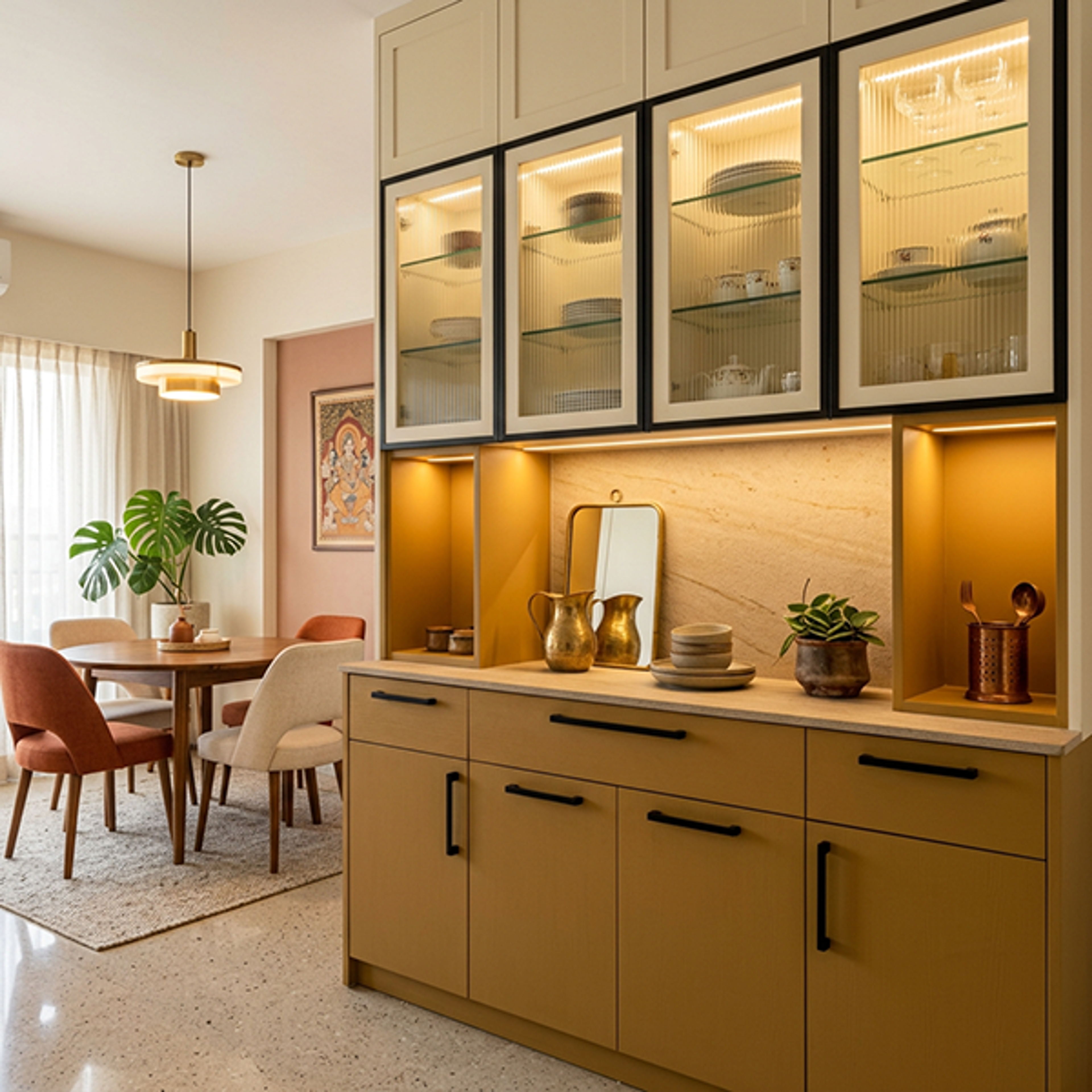 Yellow Crockery Cabinet with Glass Shutters