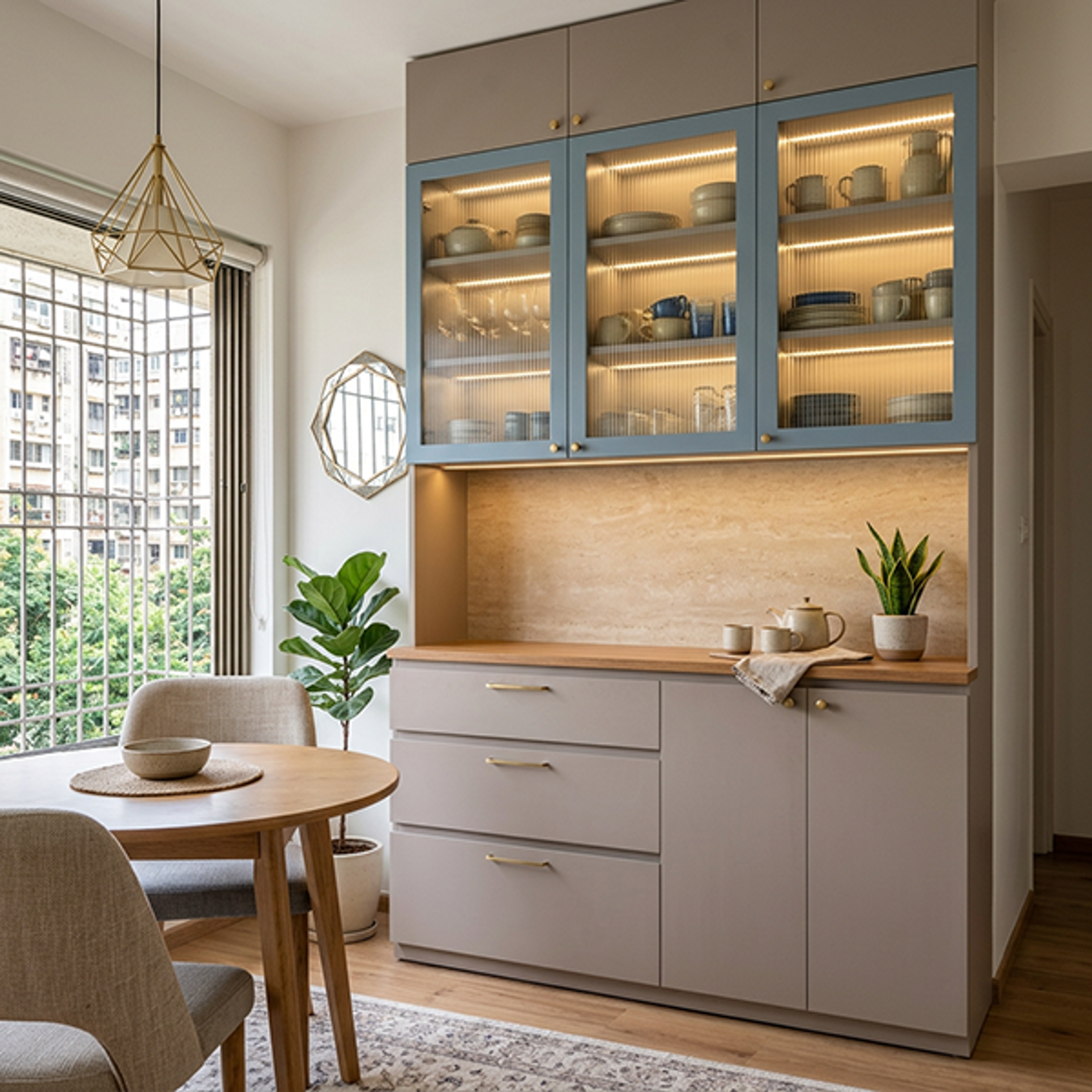 Compact Grey and Blue Dining Storage Unit