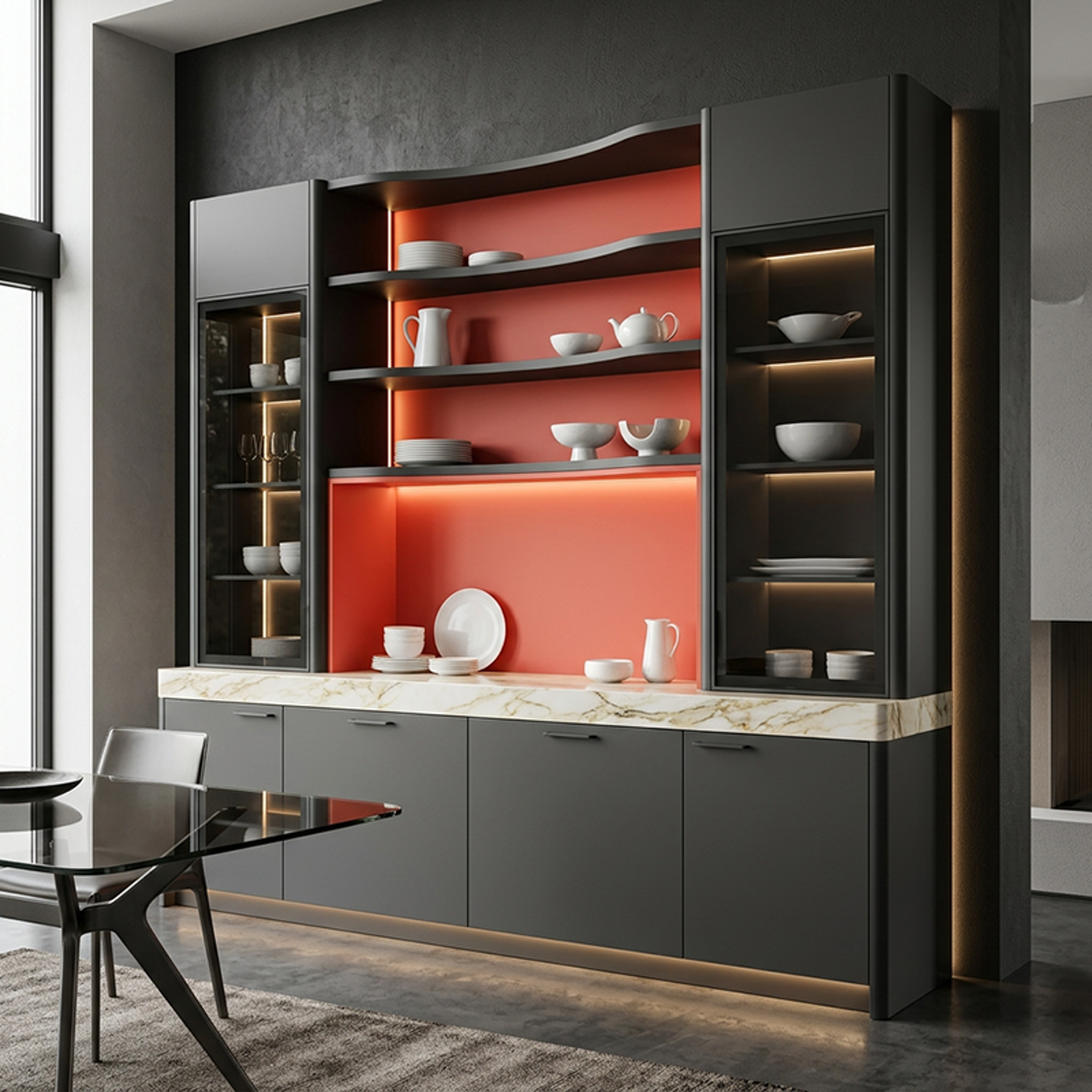 Red Crockery Showcase with Center Open Shelving