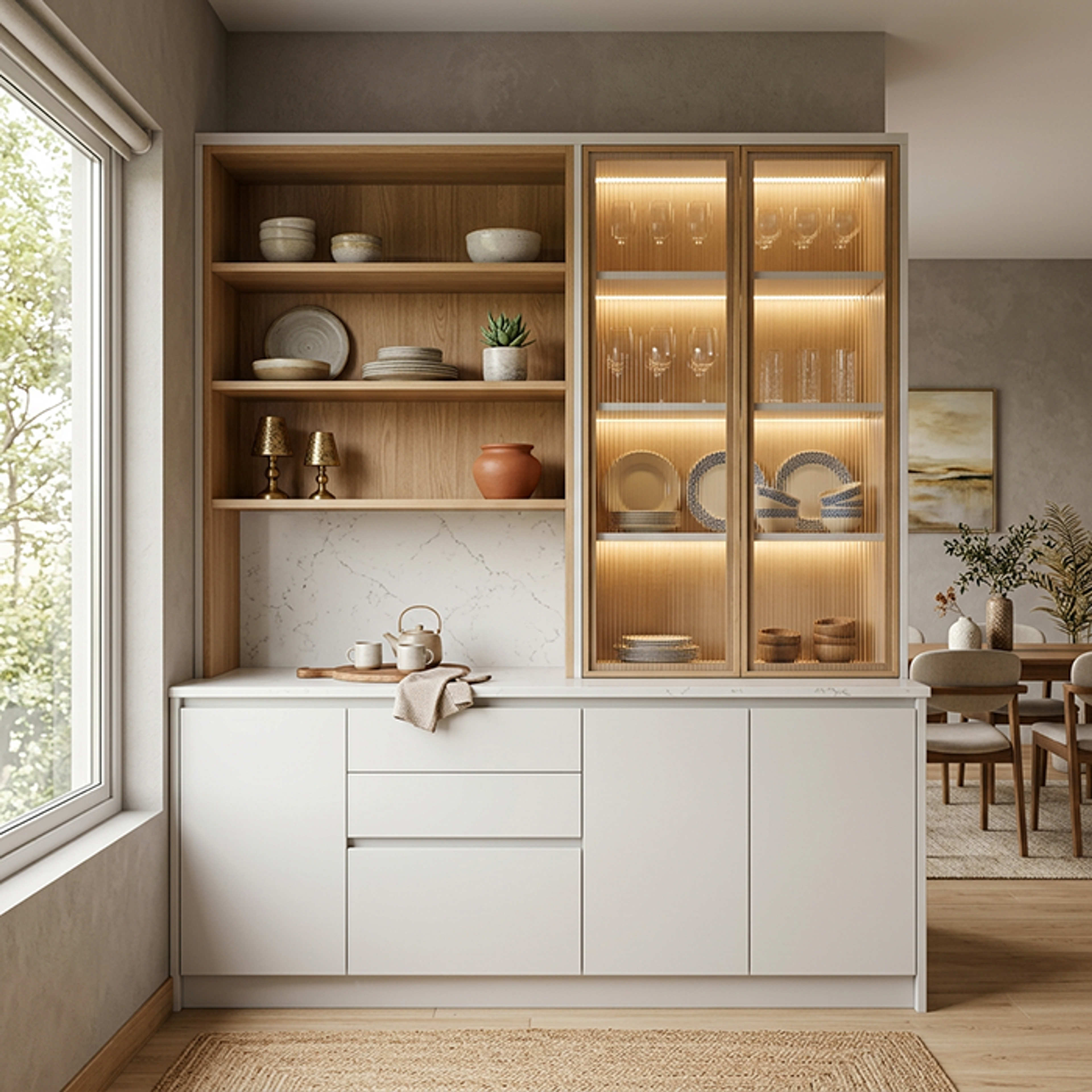 Contemporary Crockery Unit Design with White and Light Oak Finishes