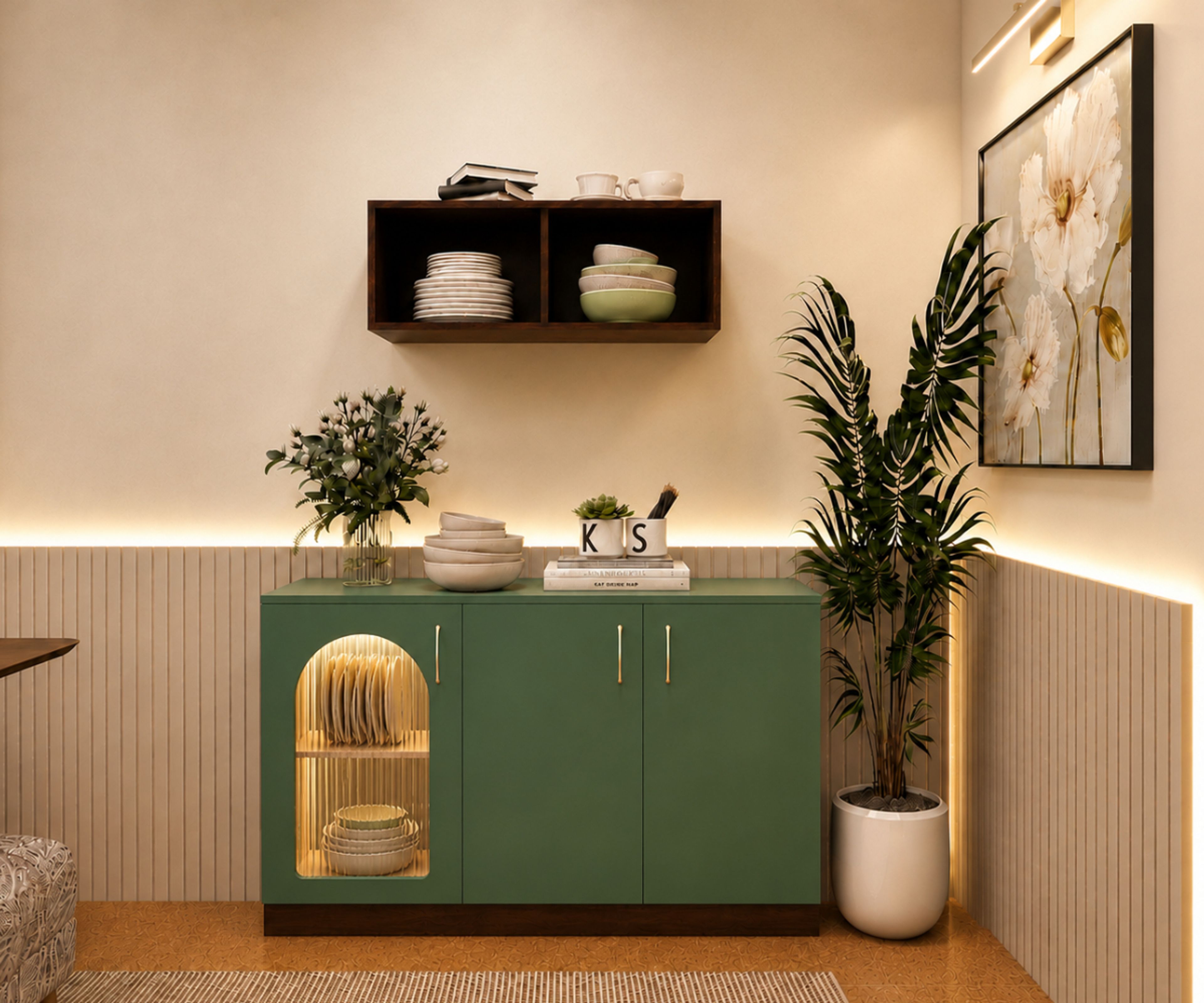 Green Crockery Unit Design with Glass Display And Wall Shelf