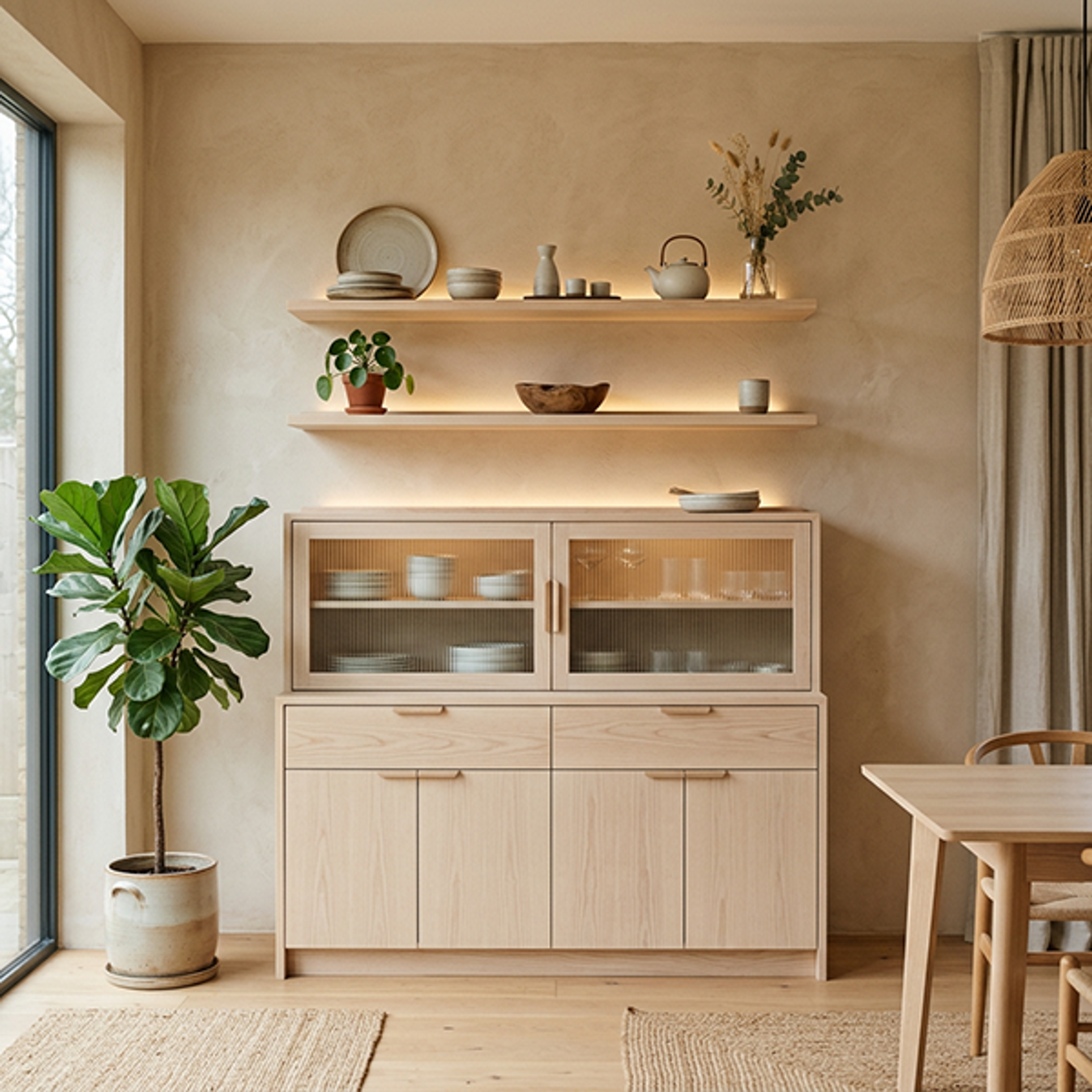 Minimal Crockery Unit Design with Light Oak and Fluted Glass Storage