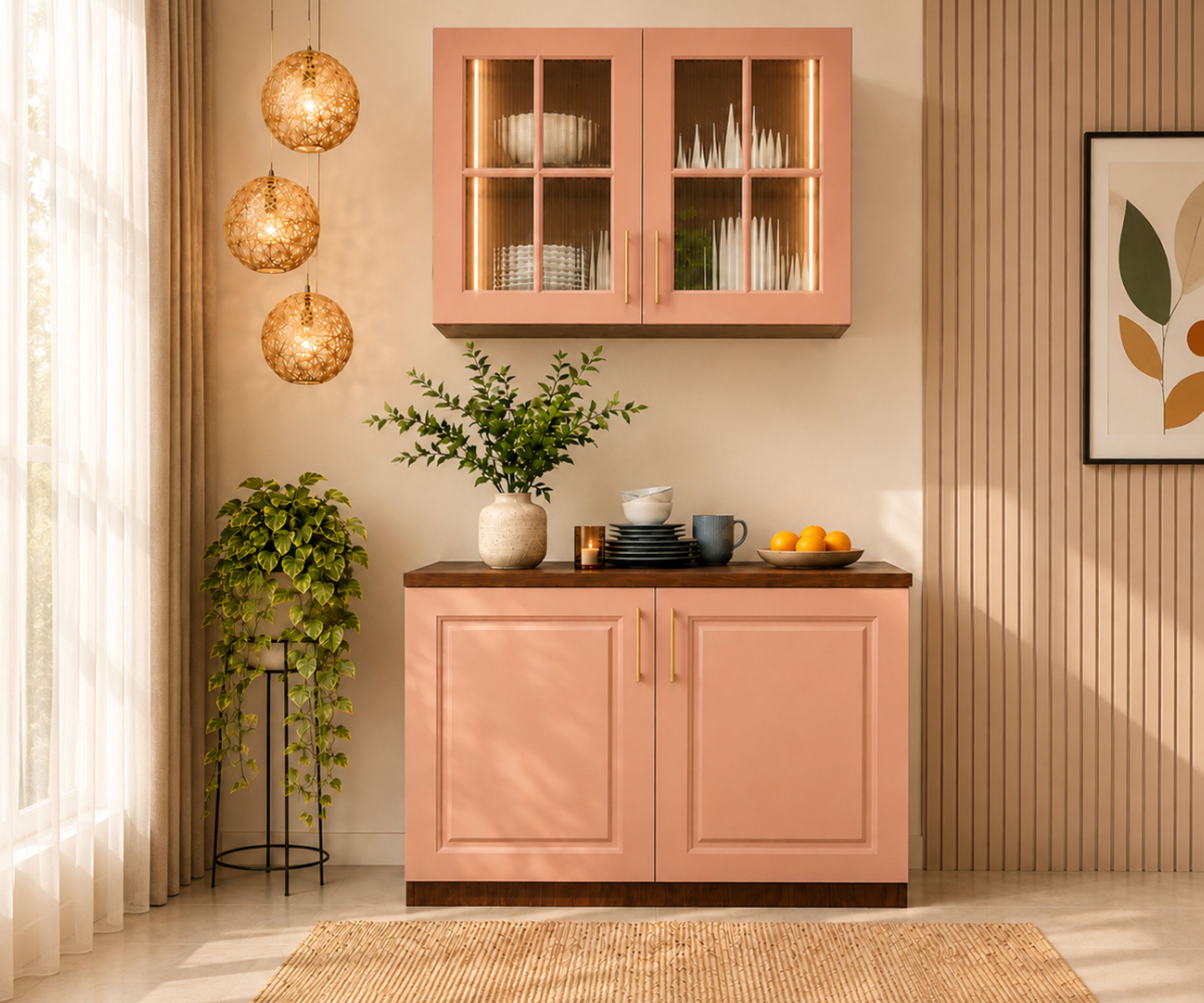 Pink Crockery Unit with Glass Shutters And Base Storage
