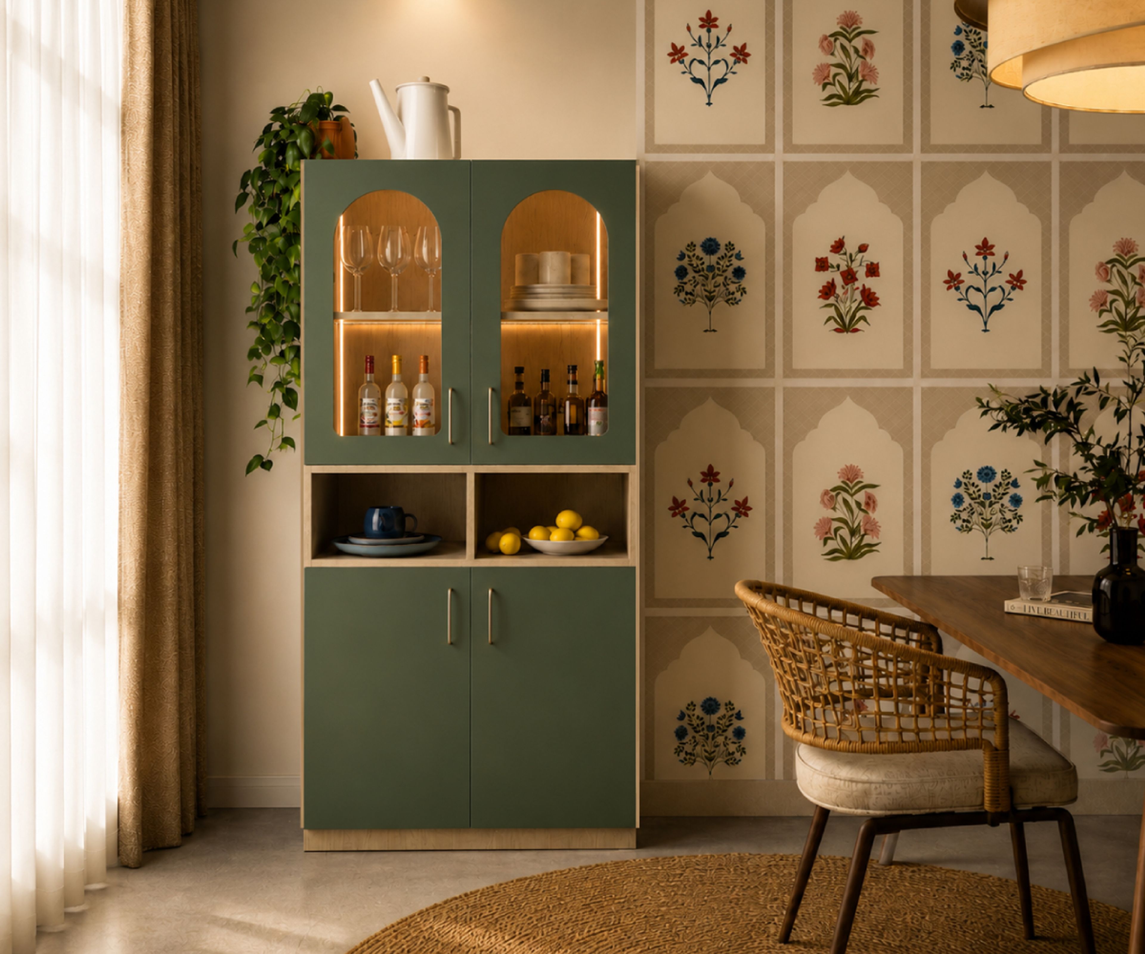 Green Crockery Cabinet with Arched Display And Open Compartment