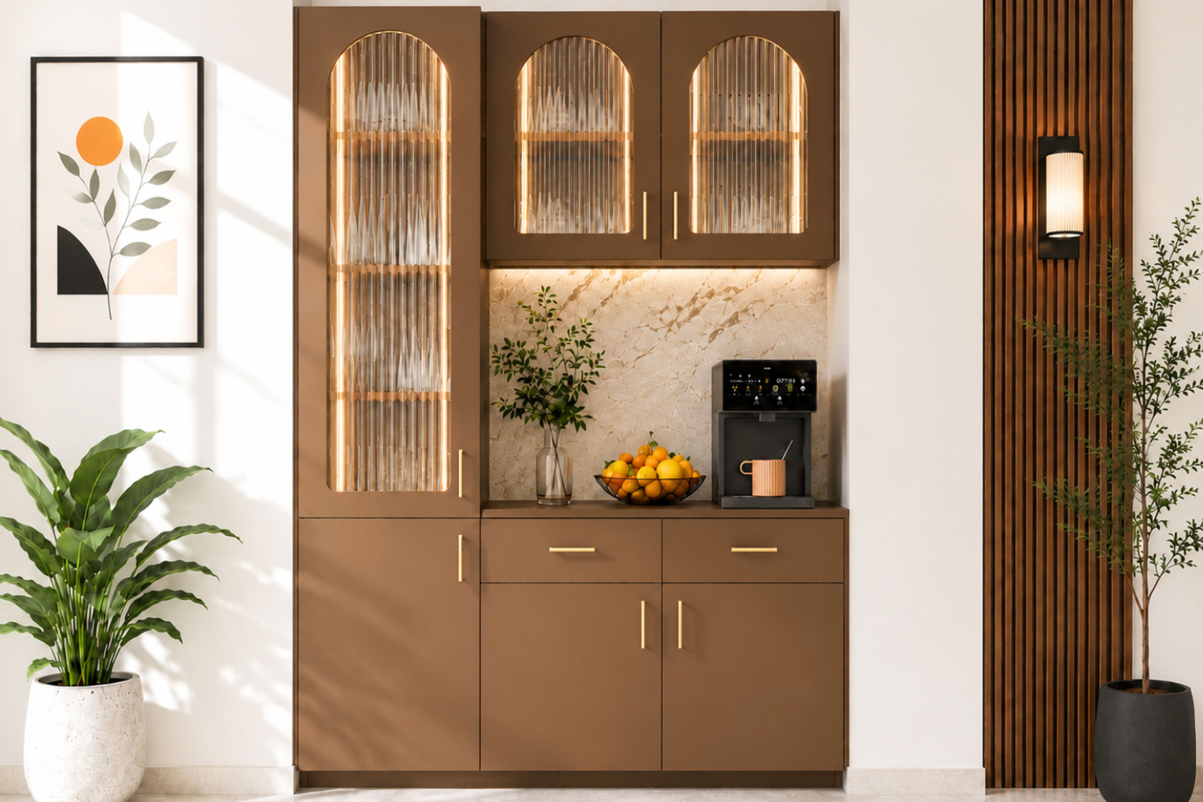 Brown Crockery Unit with Glass Doors And Coffee Counter