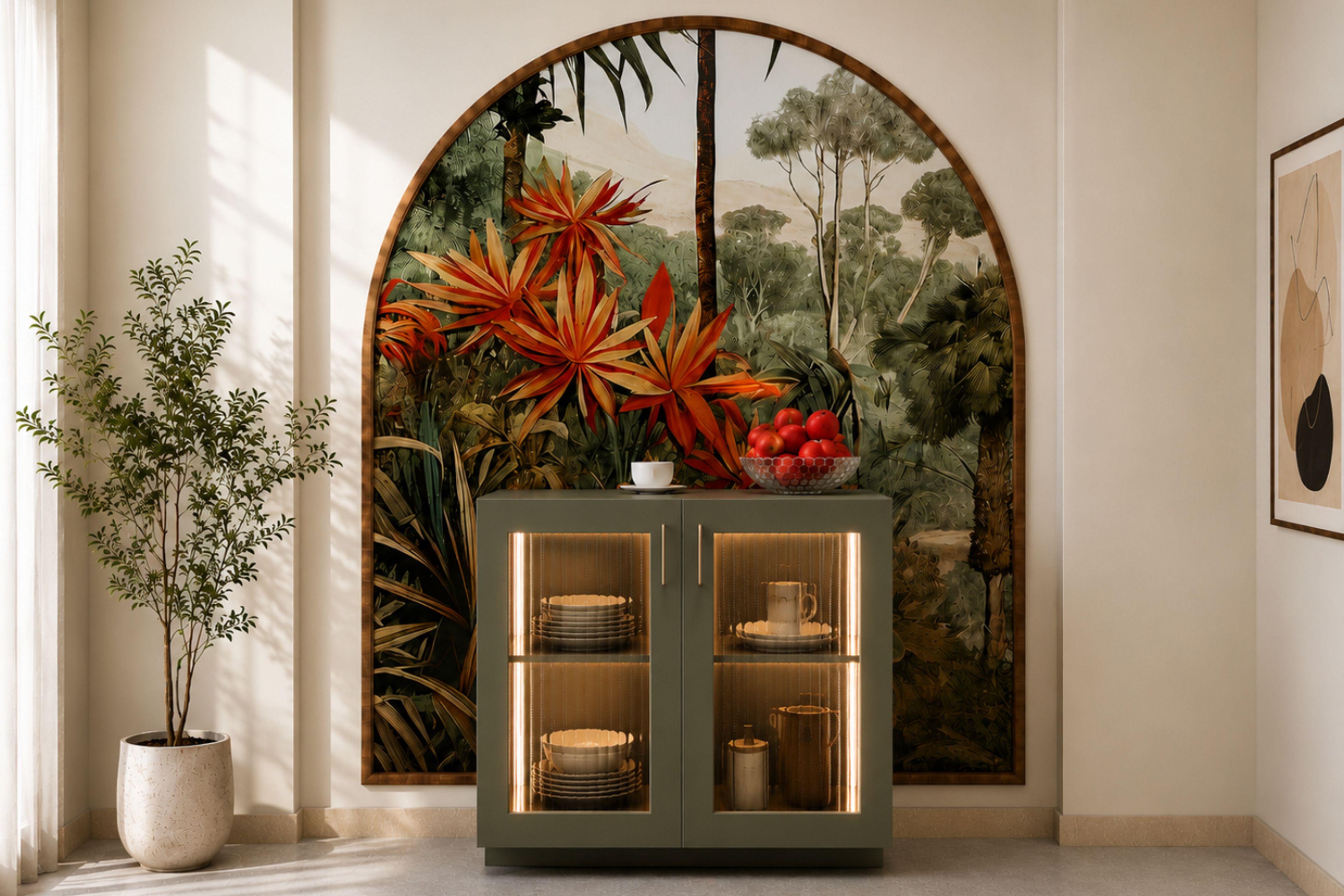 Green Low Crockery Unit with Illuminated Glass Doors and Arched Wallpaper