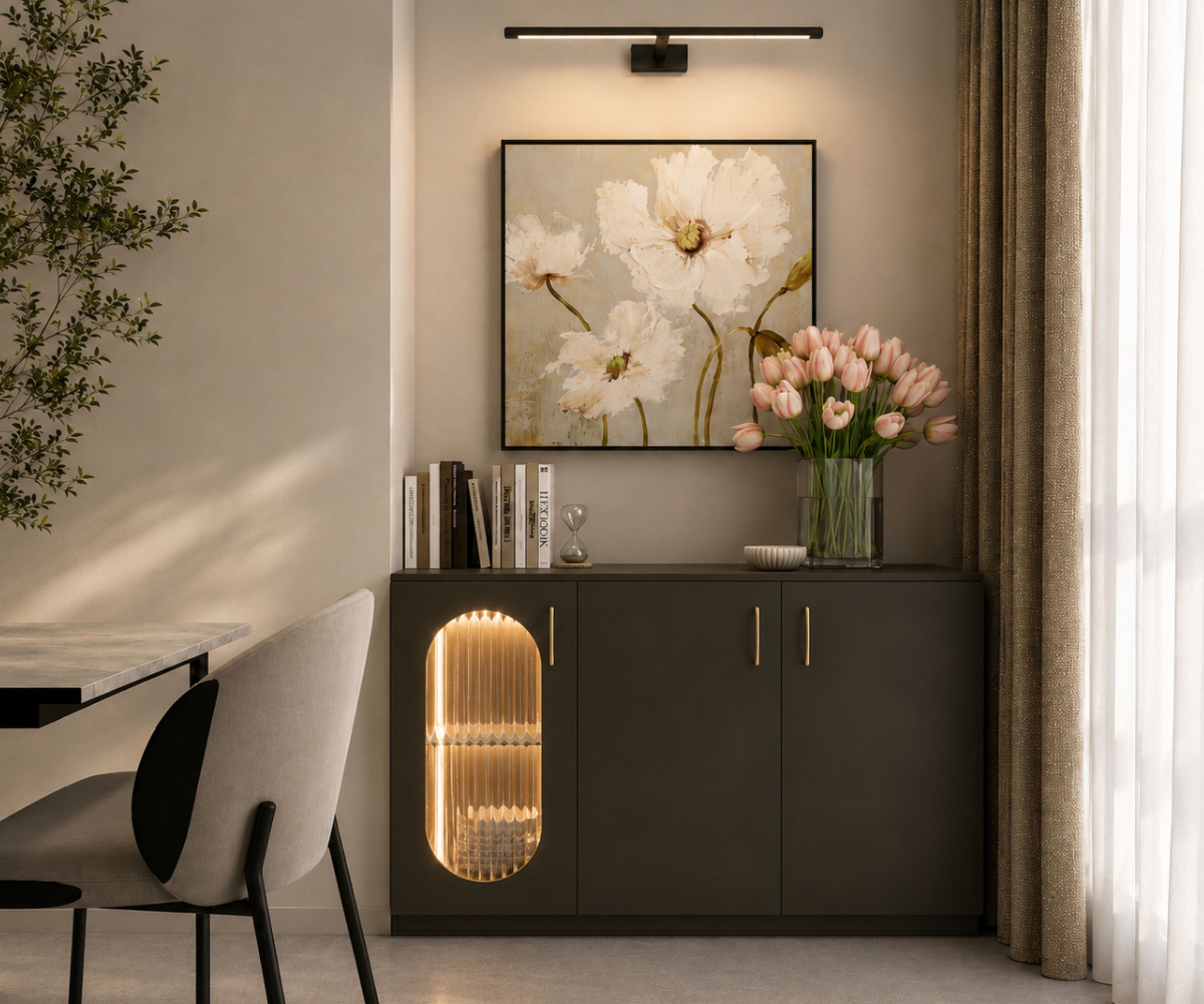 Grey Crockery Sideboard with Illuminated Glass Display