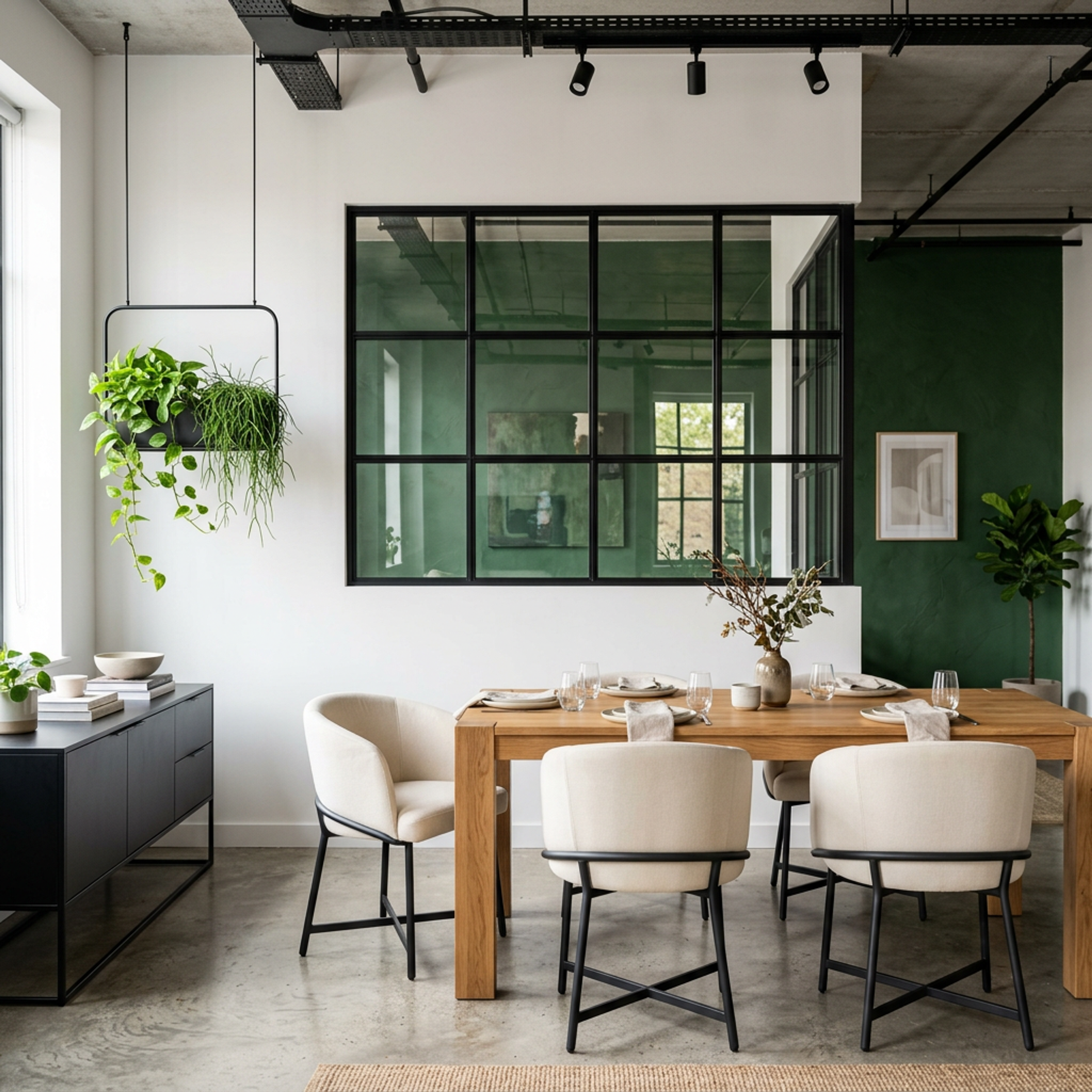 Modern Dining Room Design with Forest Green Wall and Track Lighting