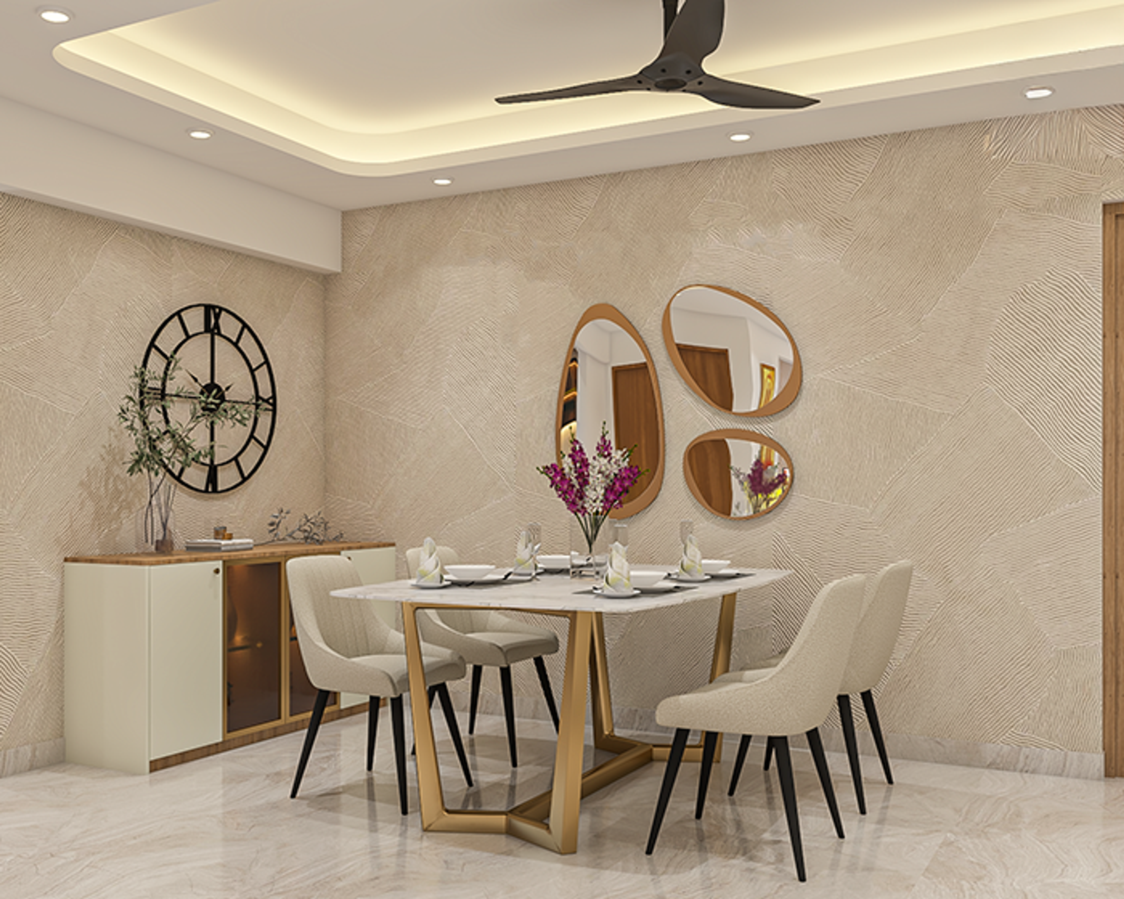 Marble Dining Room Design with Beige Chairs and Decorative Mirrors
