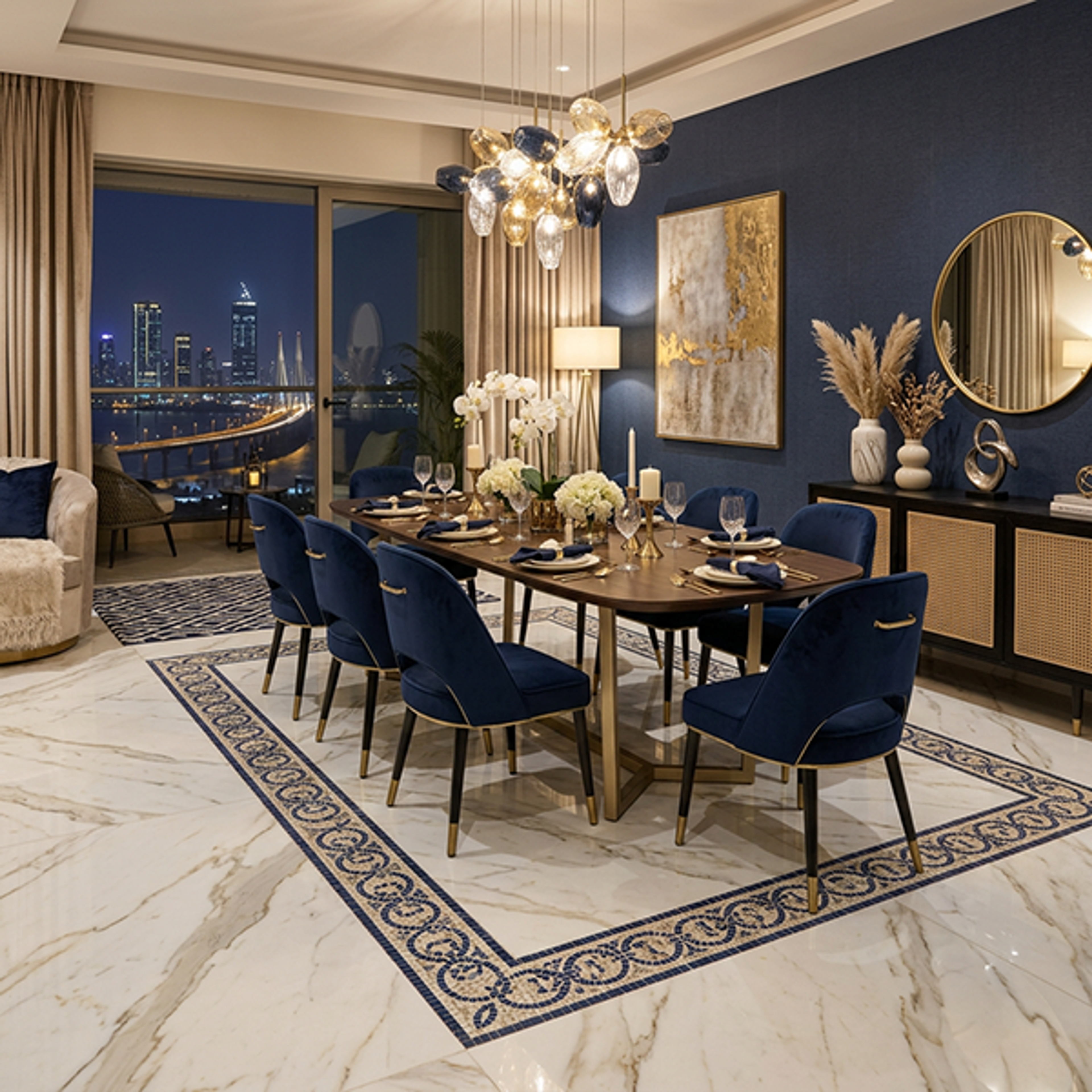Dining Room Design with Blue Velvet Chairs and Black Cane Console Table