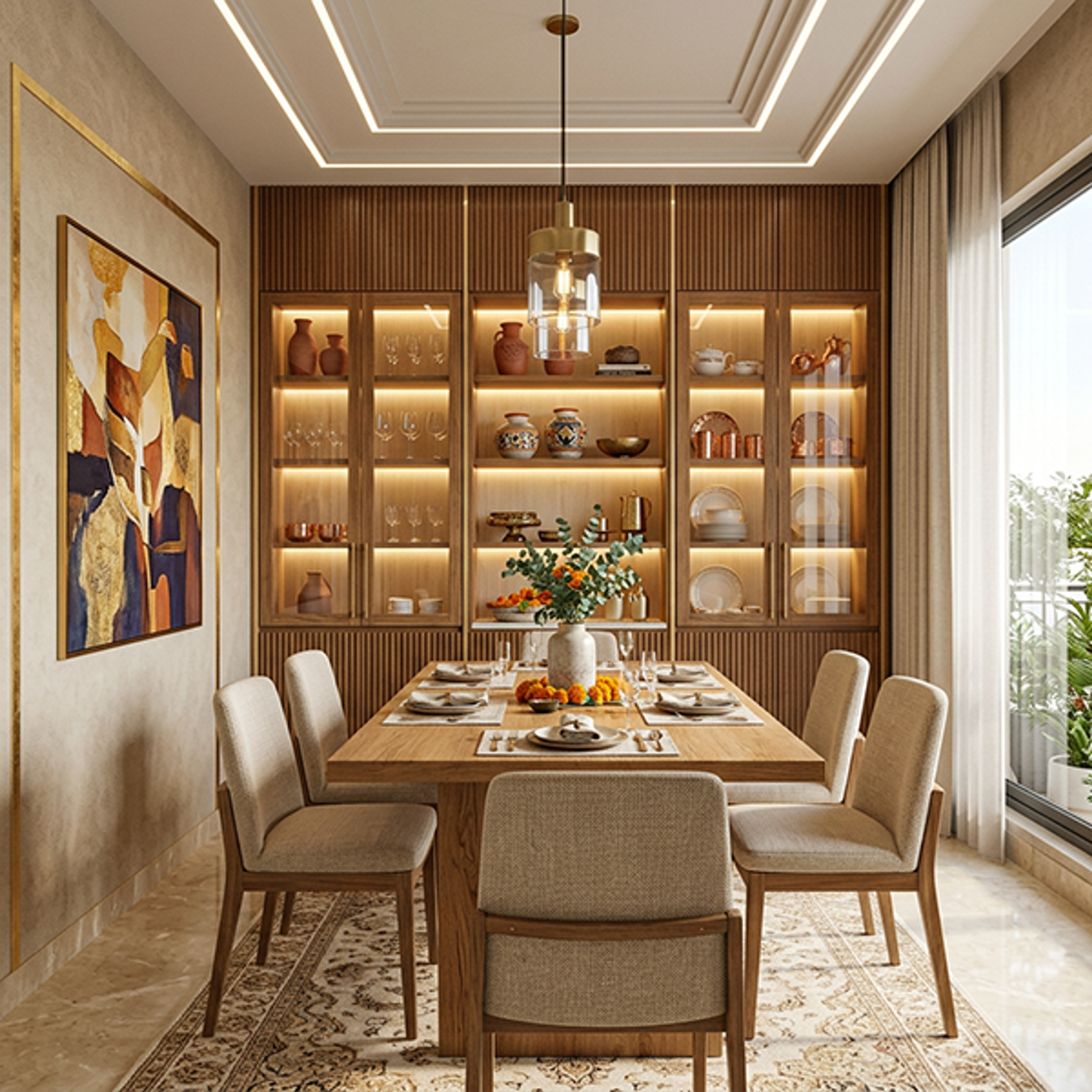Dining Room Design with Full-Wall Backlit Wooden Display Cabinet