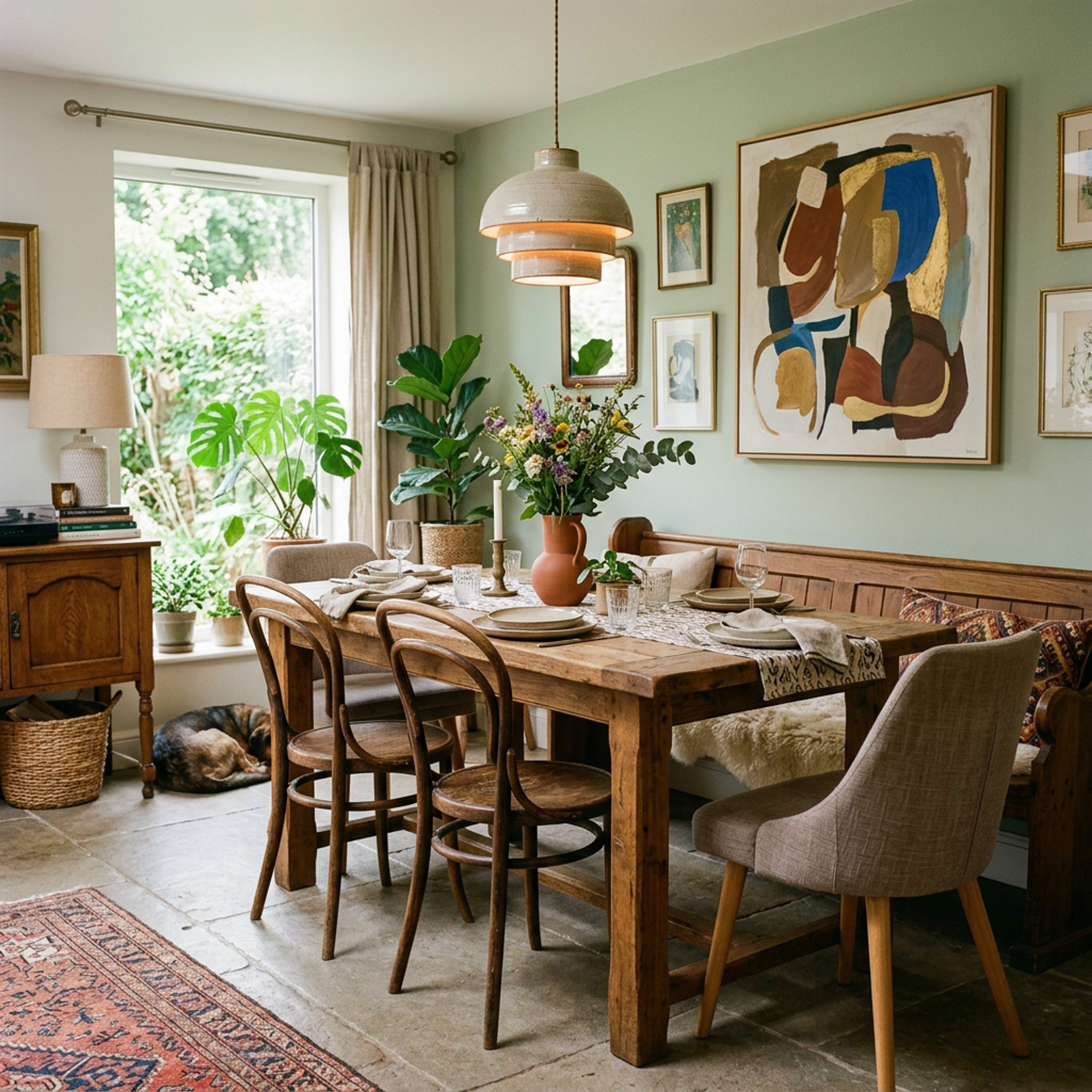 Dining Nook with Wooden Table and Green Accent Wall