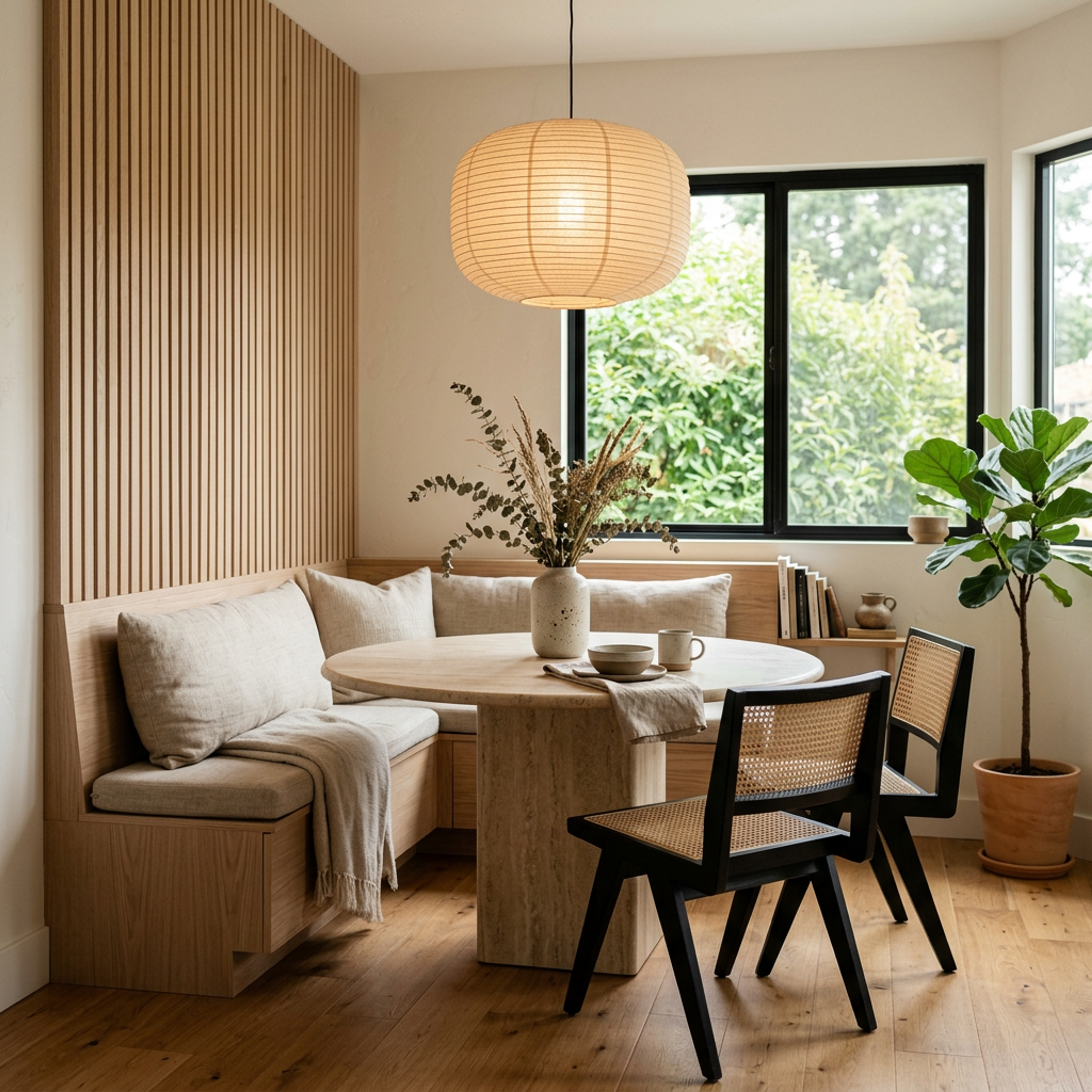 Scandinavian Banquette Dining Nook Design with Light Wood Slat Paneling