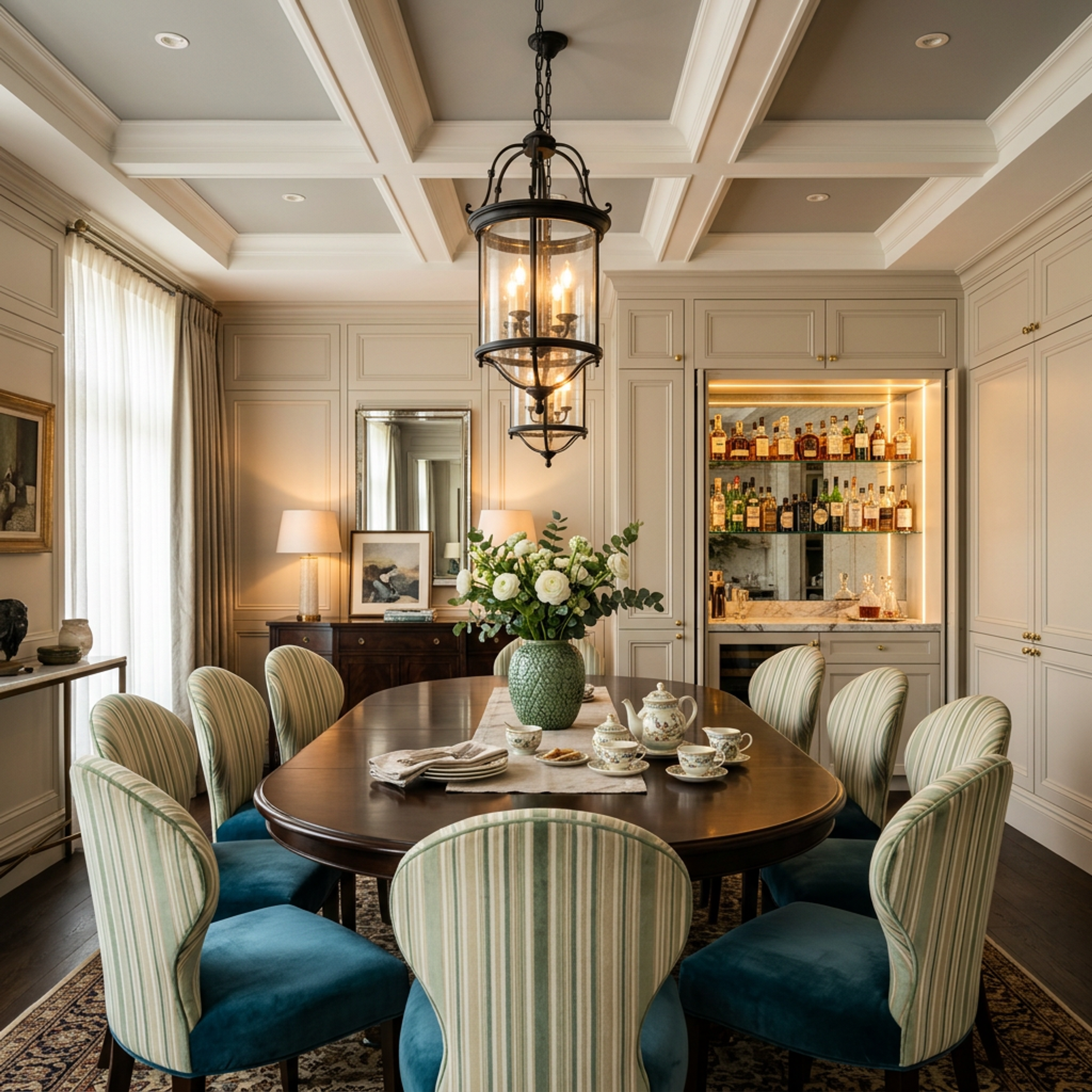 Transitional Dining Room Design with Oval Dark Wood Table and Bar