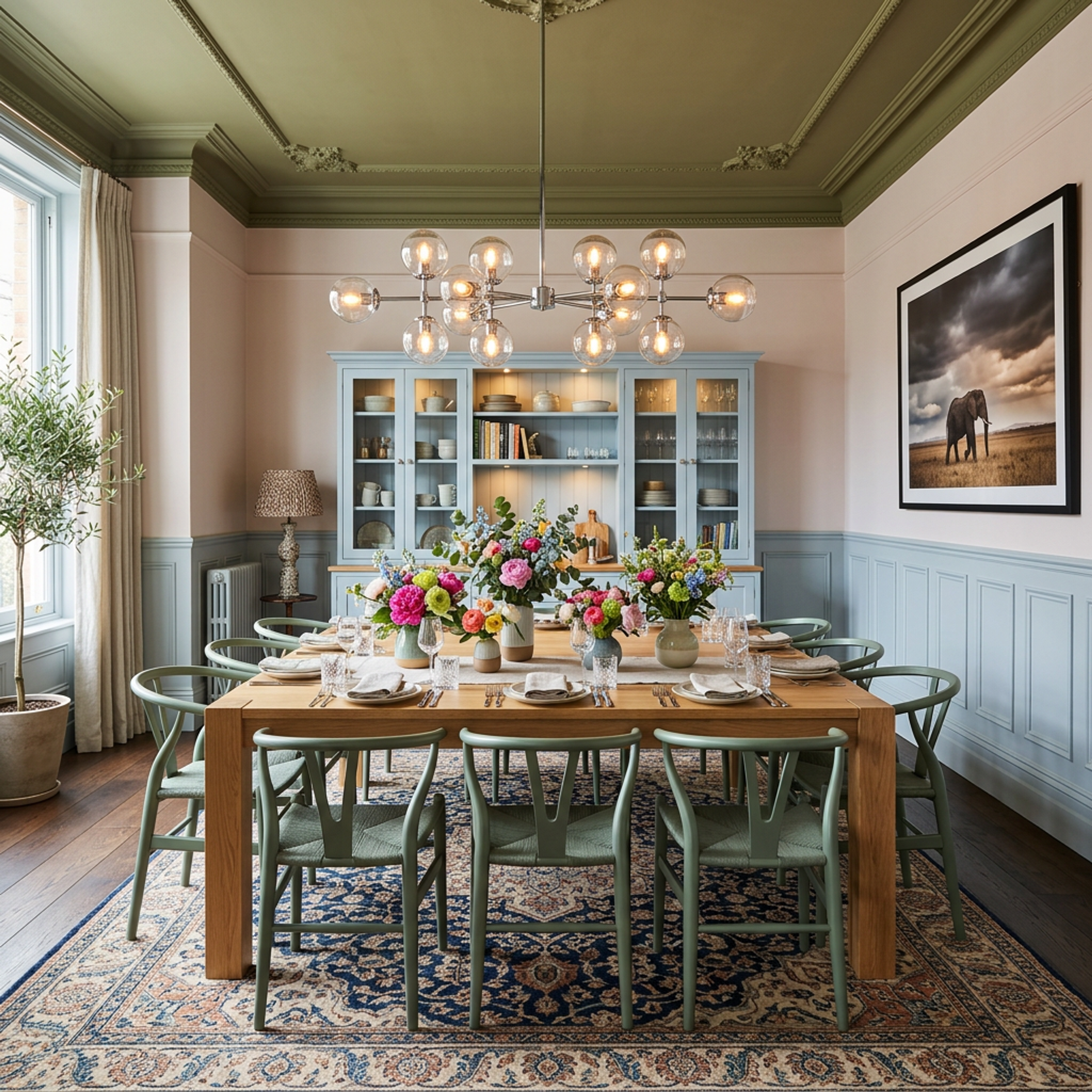 Classic Dining Room Design with Light Wood Table and Sage Green Ceiling