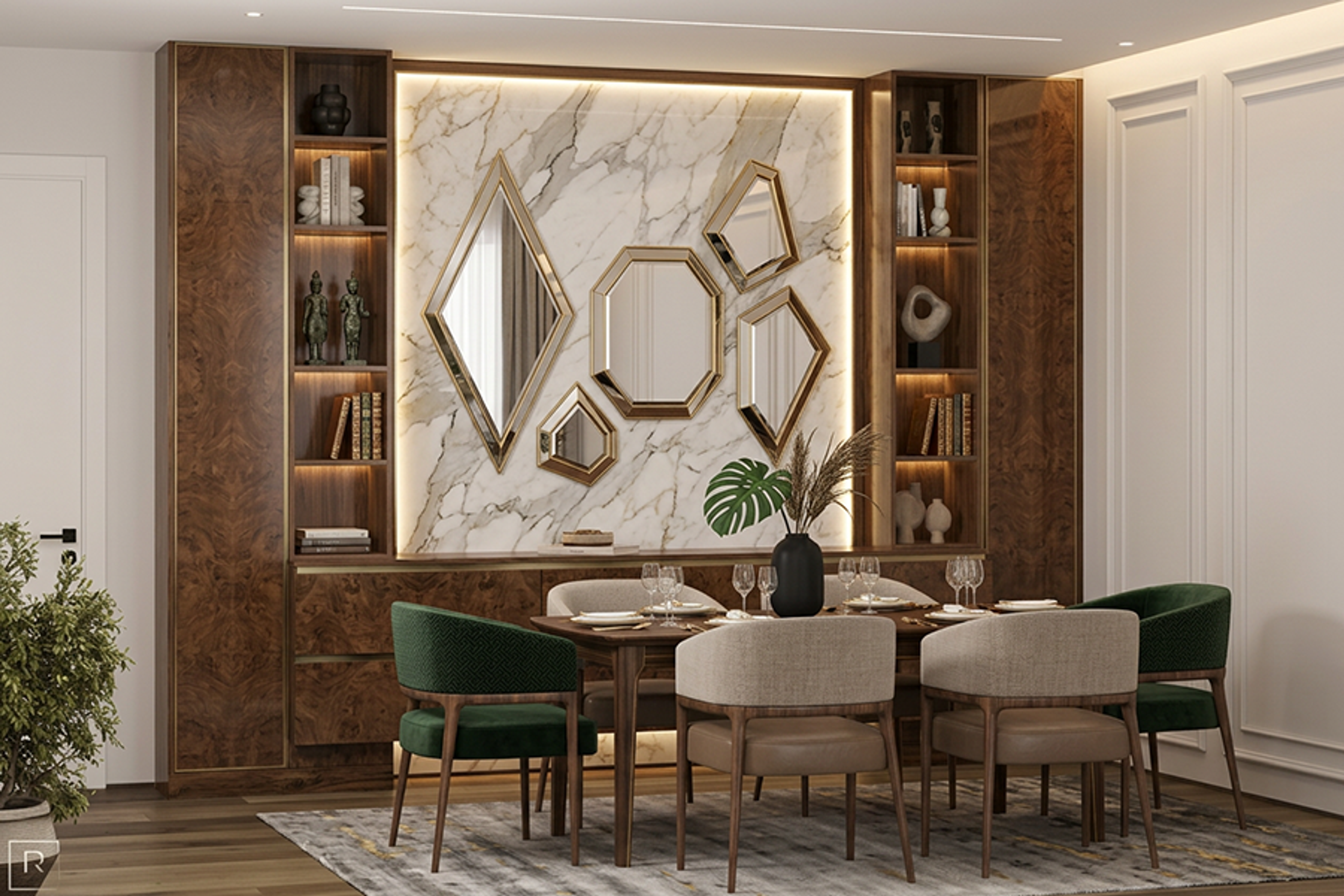 Walnut Dining Room Design with Green Velvet Chairs and Gold Mirrors