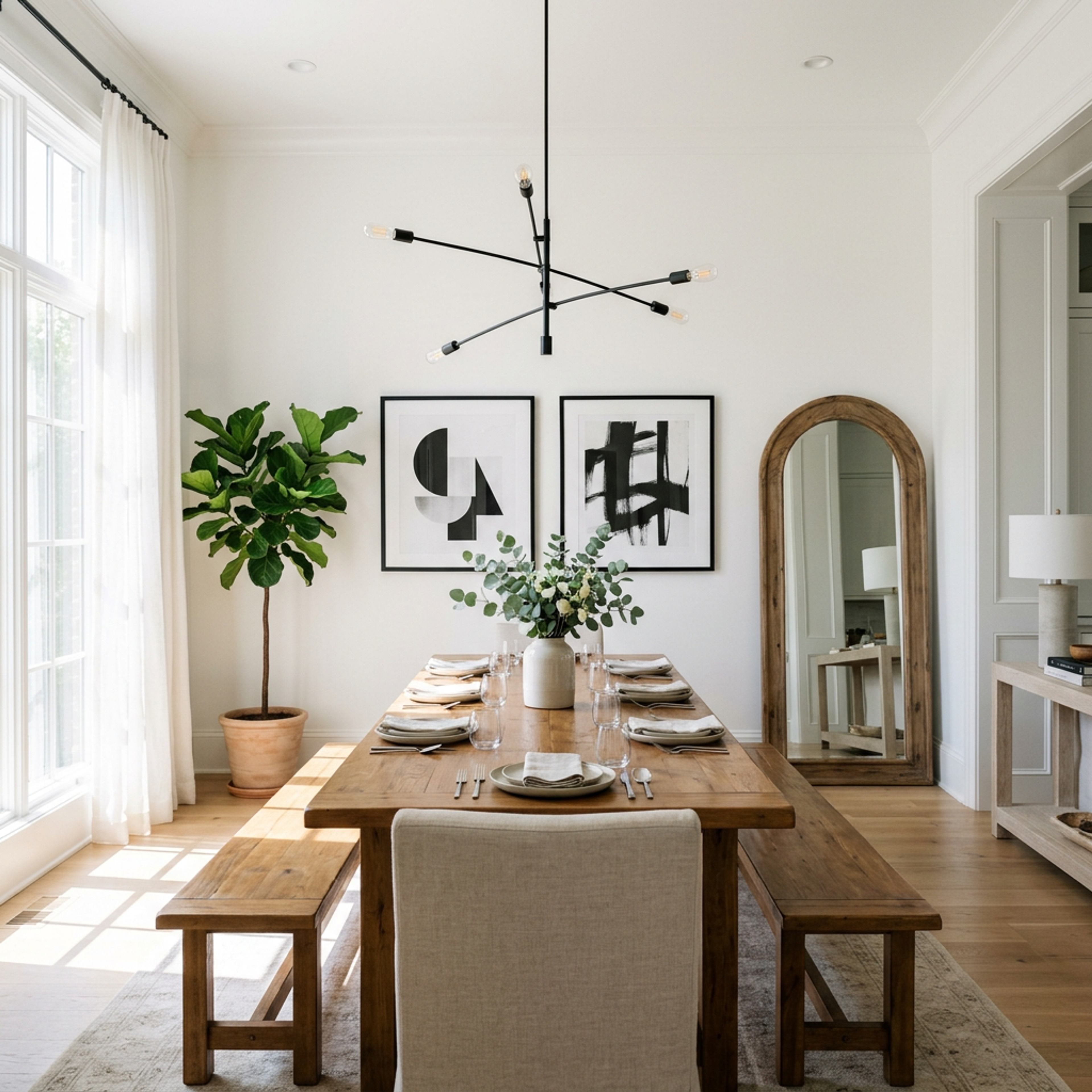 Modern Dining Room Design with Rustic Wooden Benches and Arched Mirror