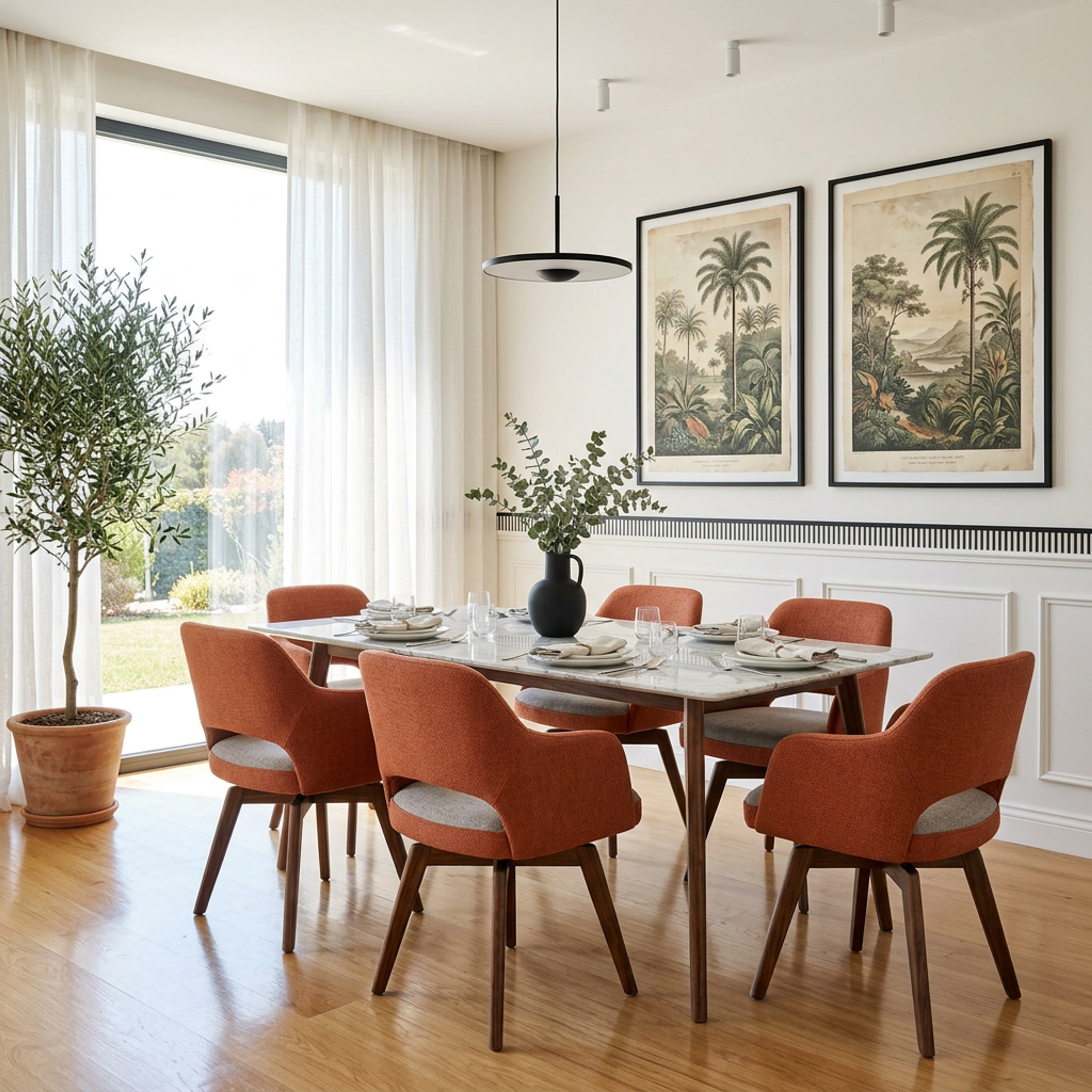 Modern Dining Room Design with White Marble Table and Orange Chairs
