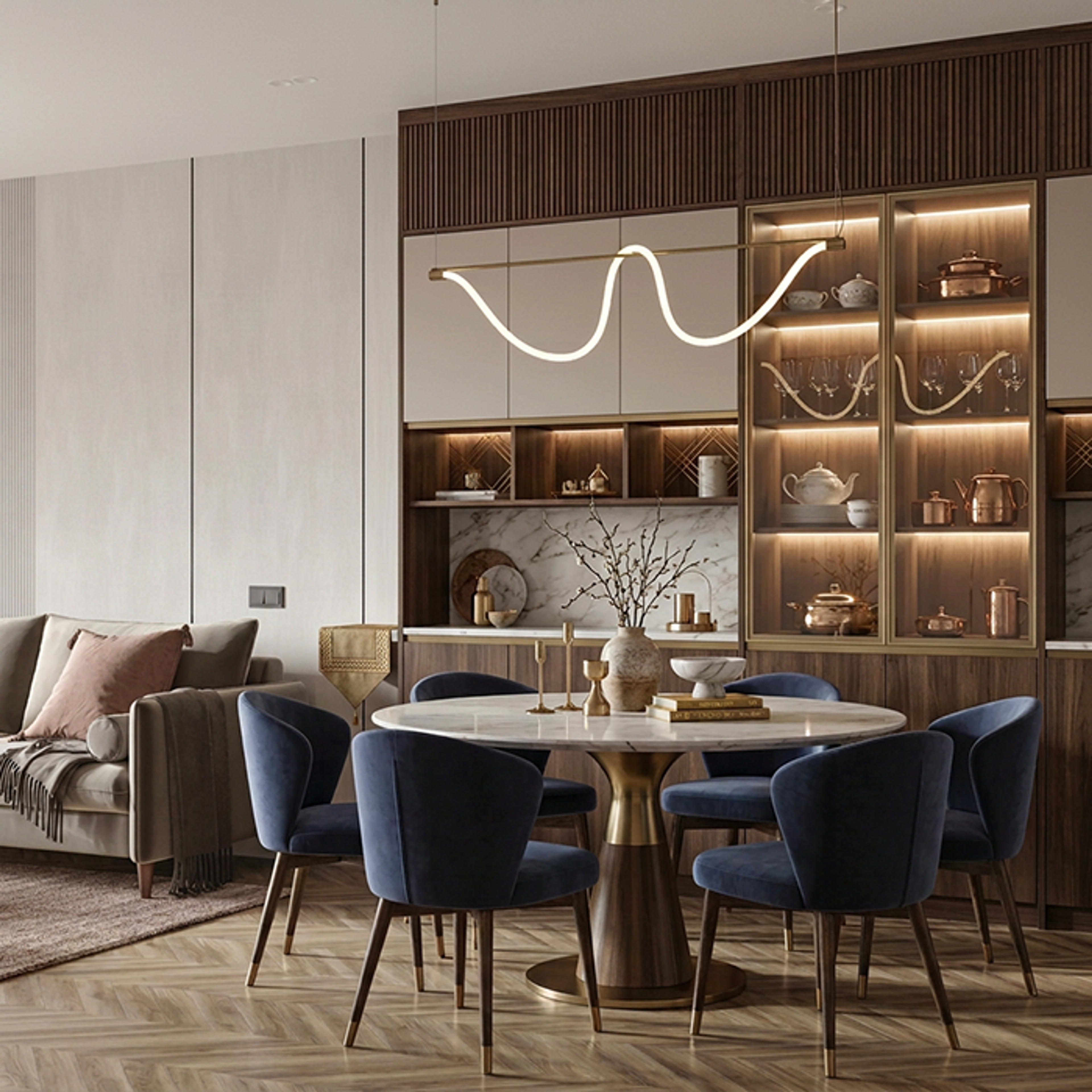 Blue Velvet Dining Room Design with Marble Table and Display Cabinet