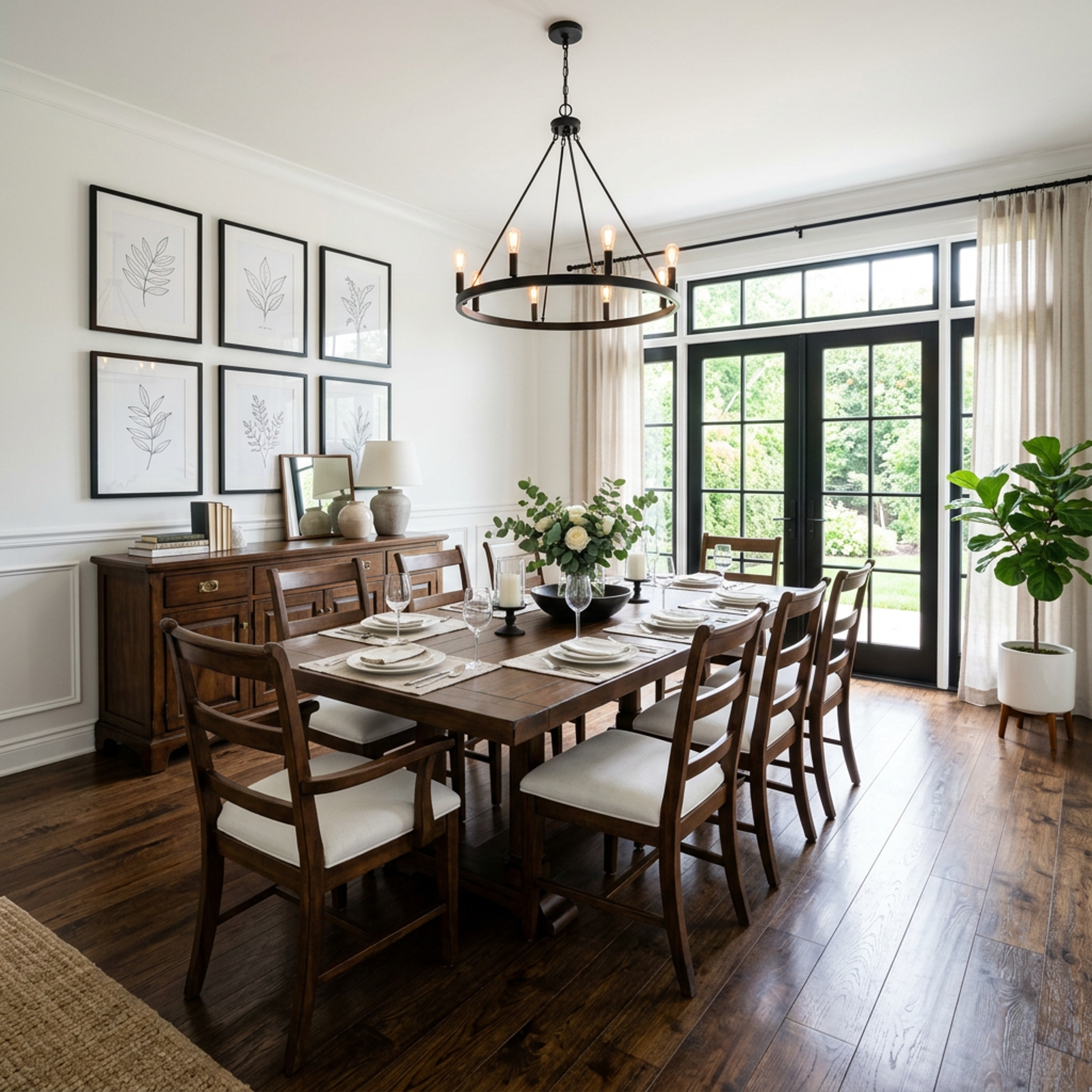 Classic Dining Room Design with Ladder Back Chairs and White Paneling