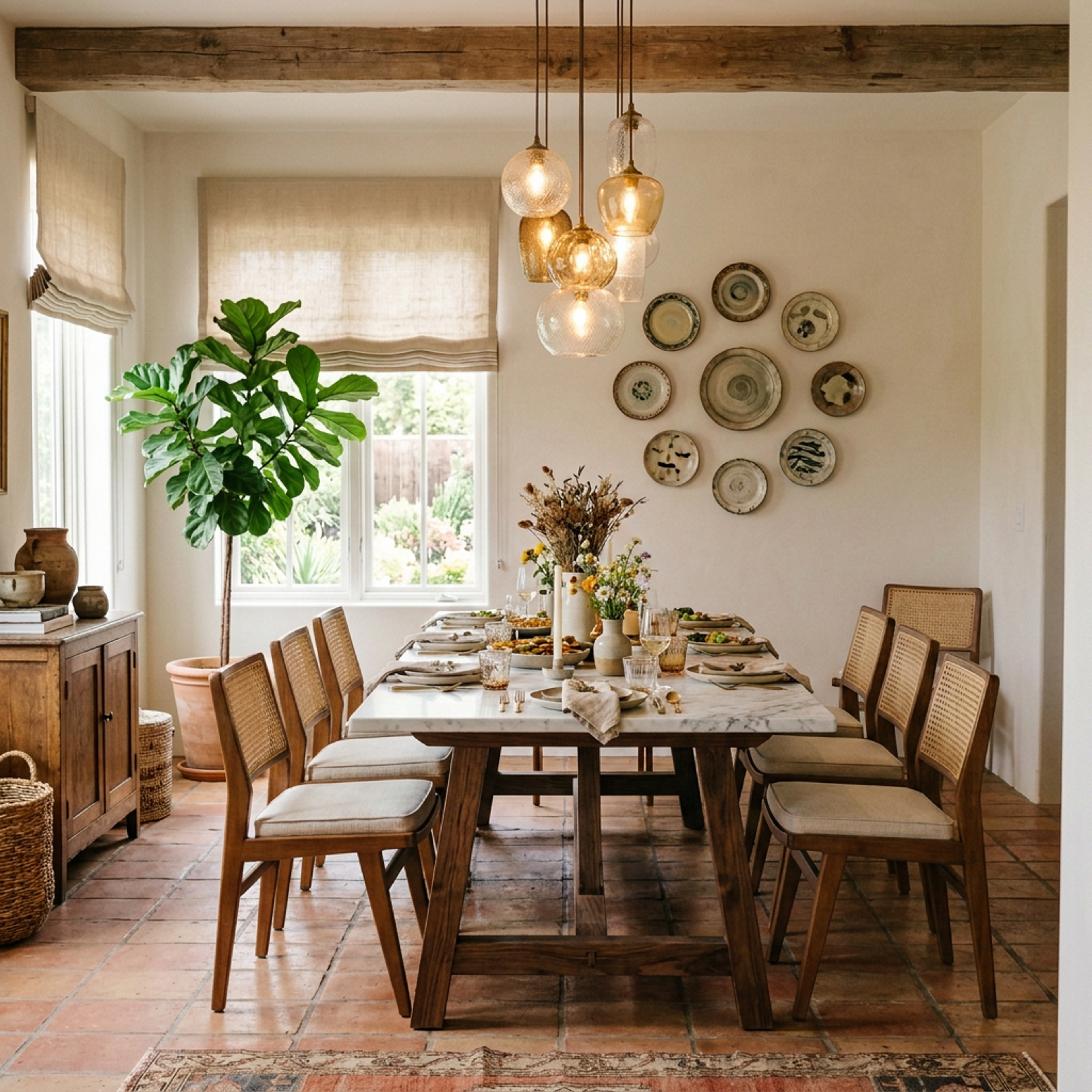 Classic Dining Room Design with Marble Trestle Table and Cane Chairs