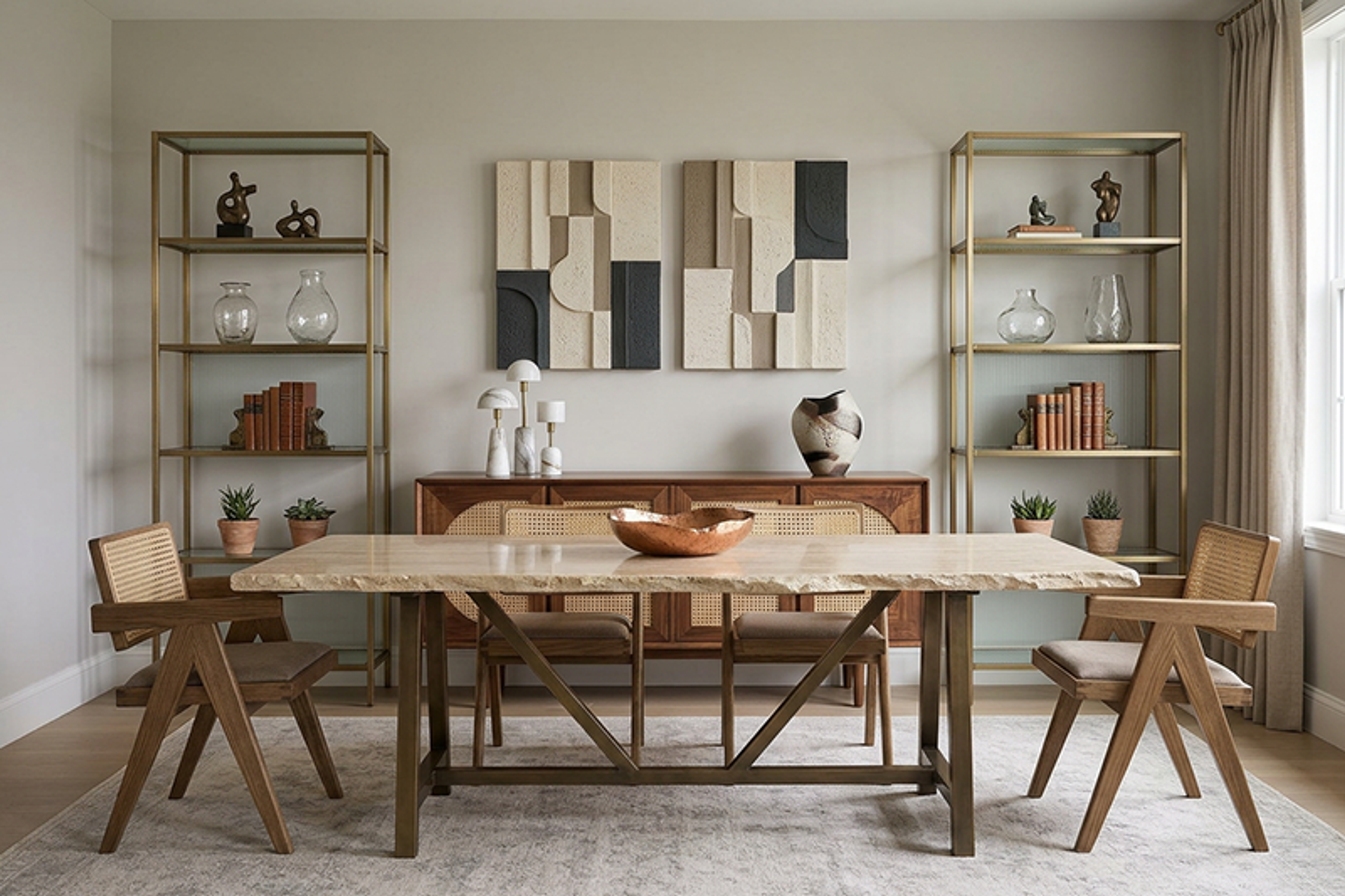 Modern Dining Room Design with Travertine Top Table and Cane Chairs