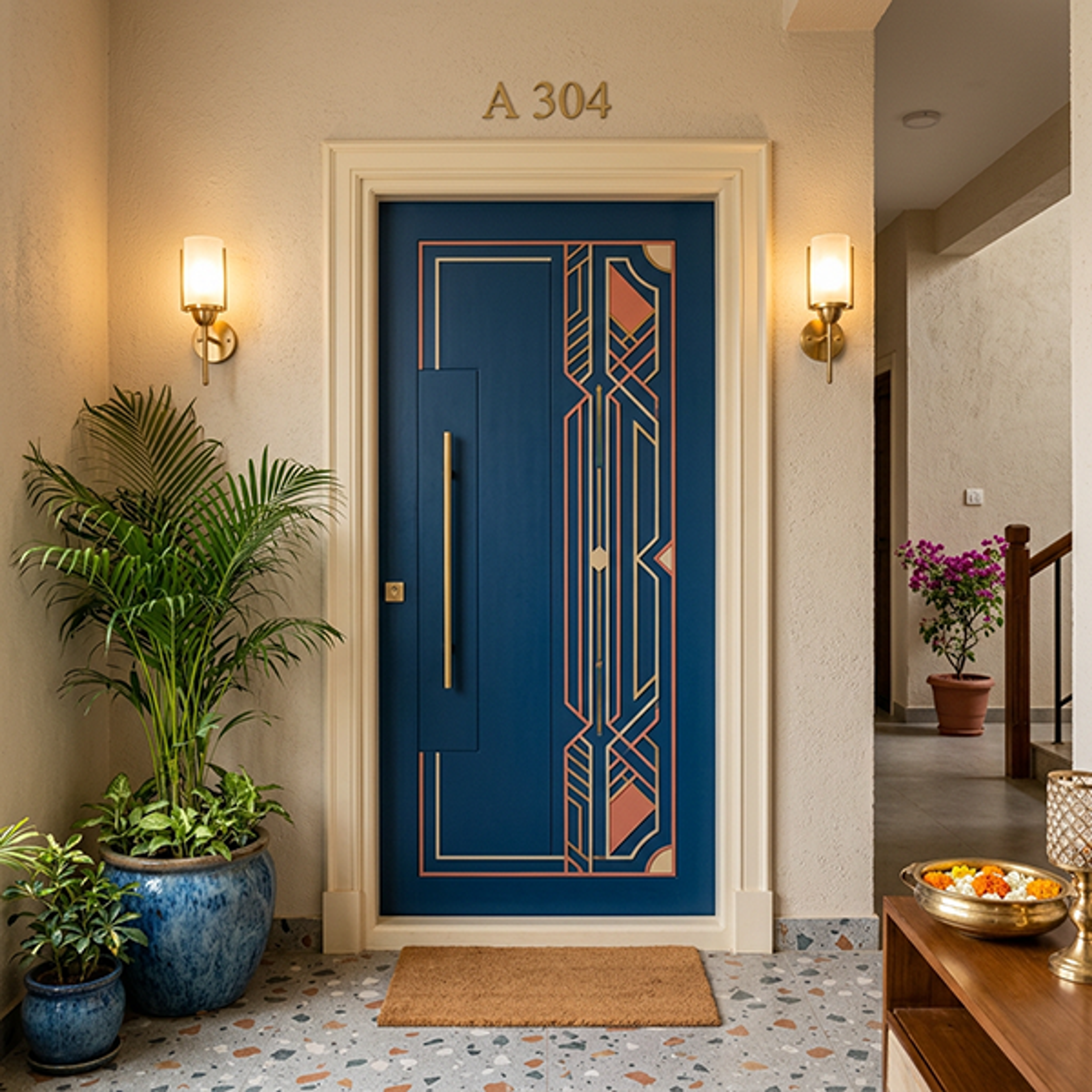 Blue Single Entrance Door Design with Brass Geometric Inlays