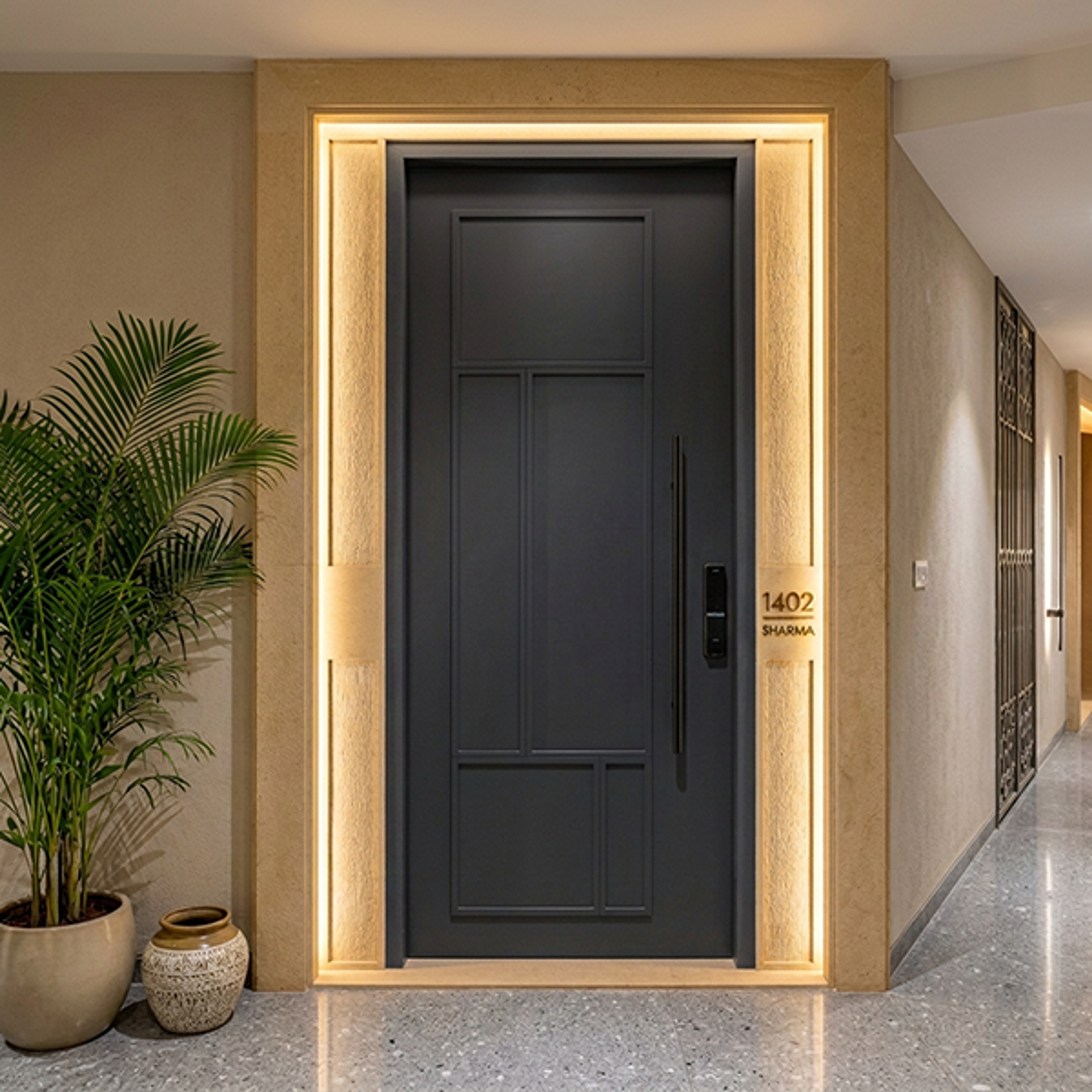 Grey Single Entrance Door Design with Smart Lock and Backlit Frame