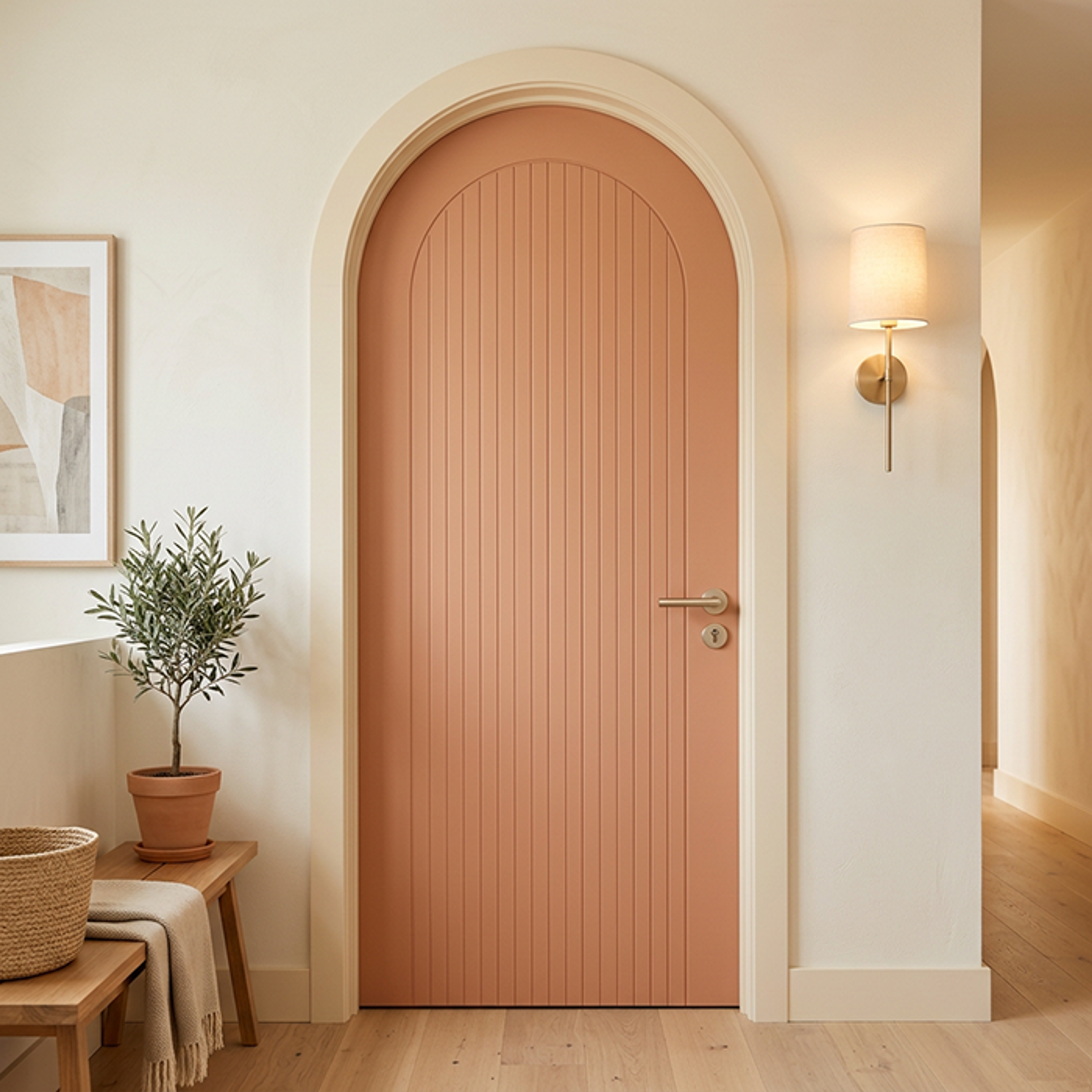 Terracotta Arched Single Bedroom Door Design with Vertical Grooves