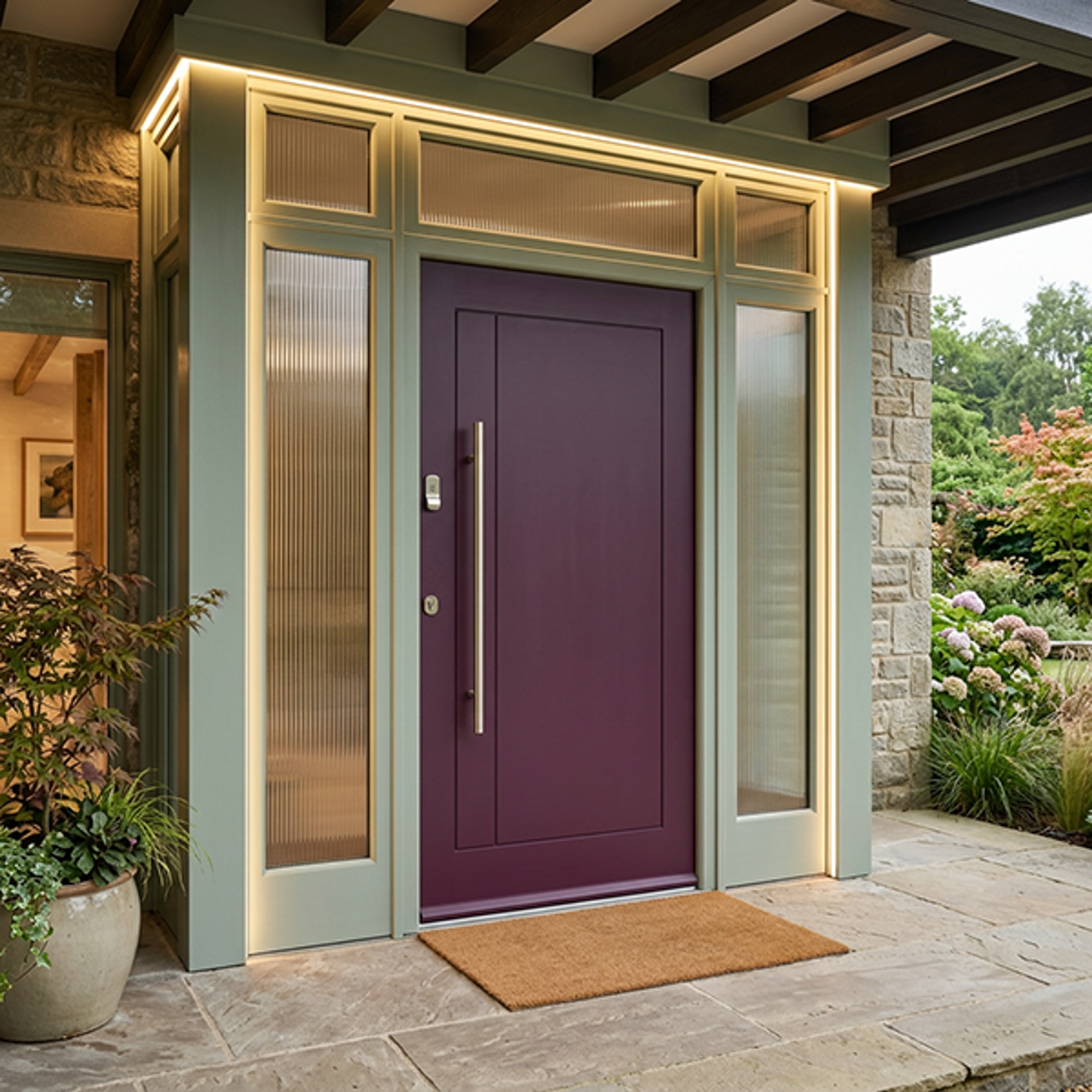 Purple Single Entrance Door Design with Reeded Glass Sidelights
