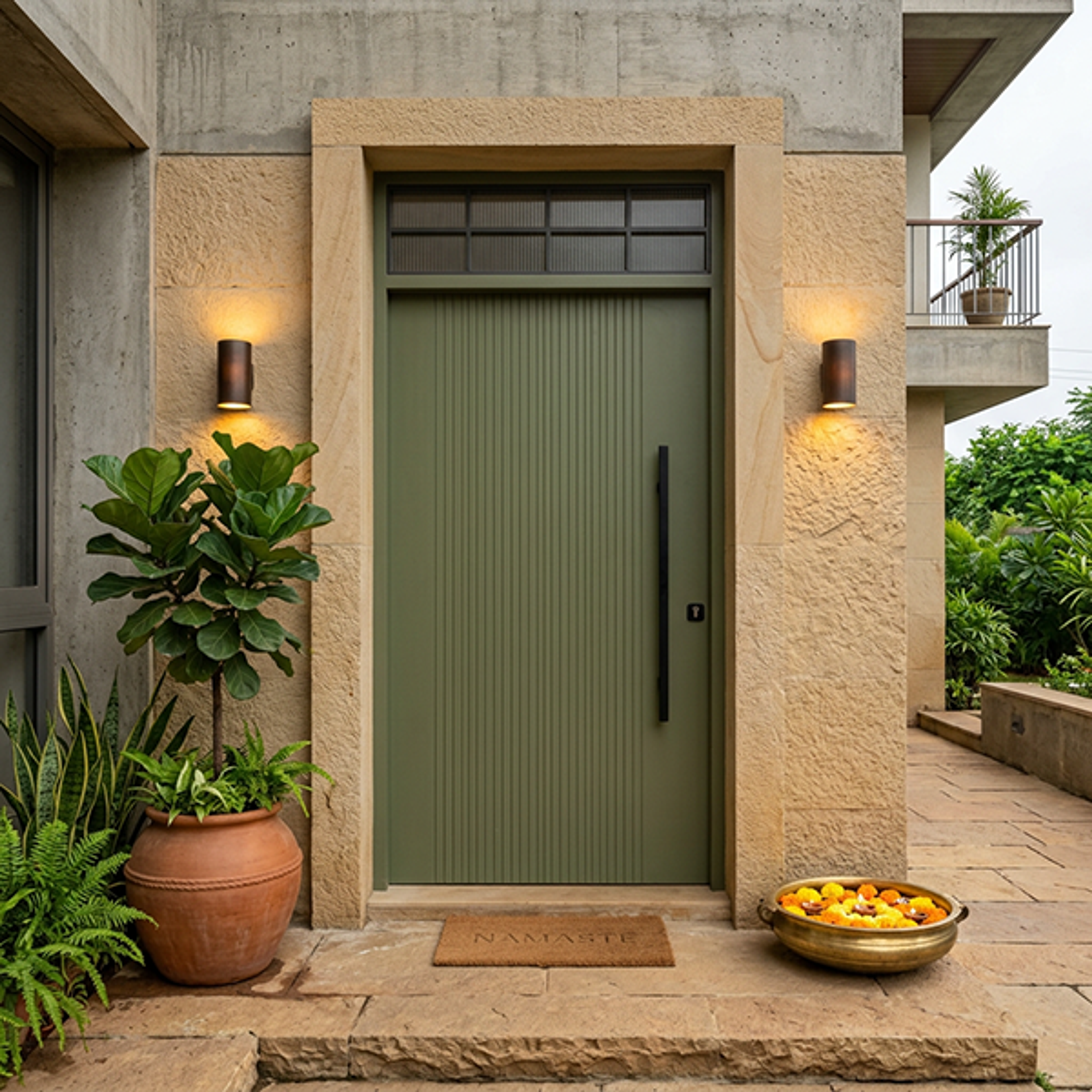Green Fluted Single Entrance Door Design with Black Pull Handle