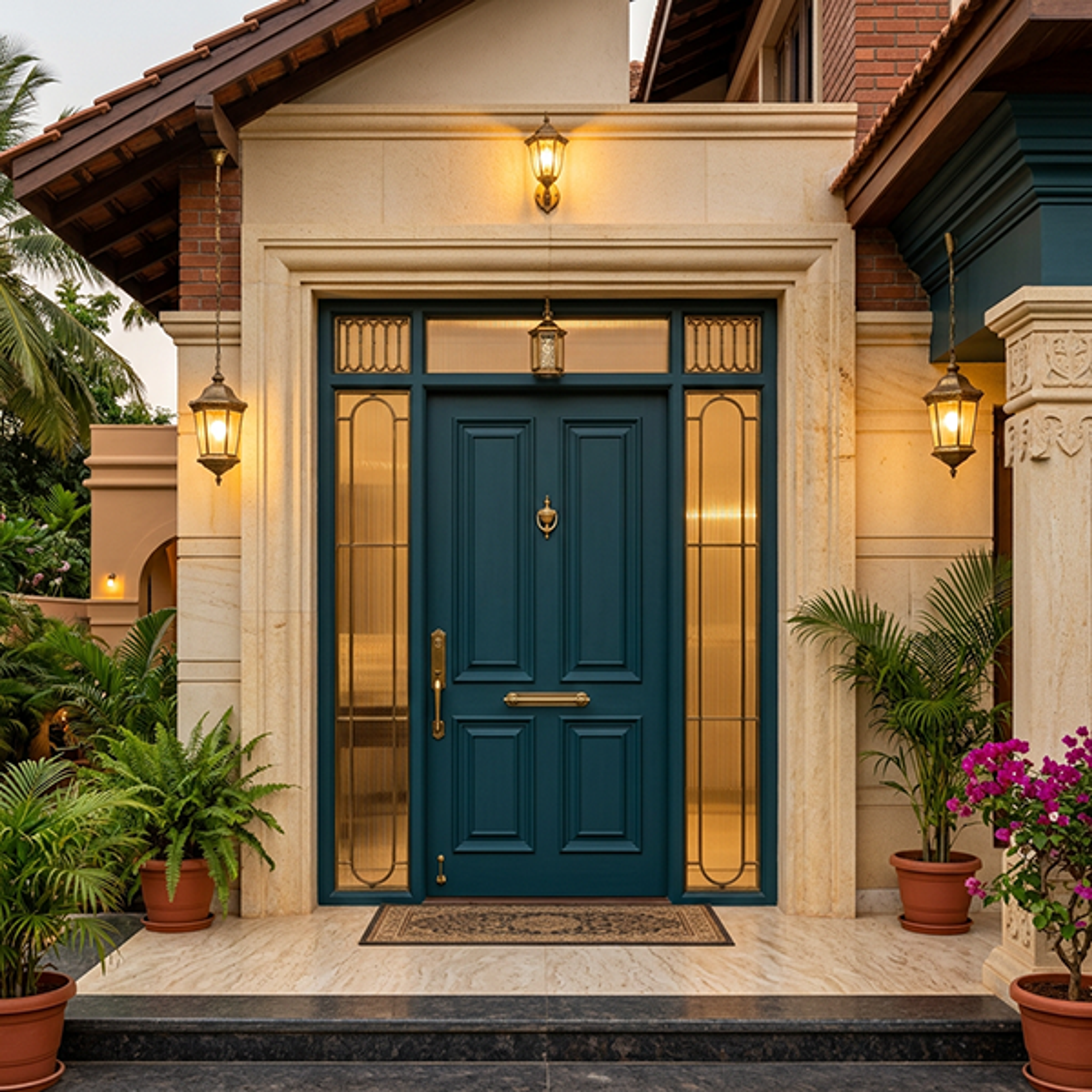 Blue Single Entrance Door Design with Brass Knocker and Glazed Sidelights