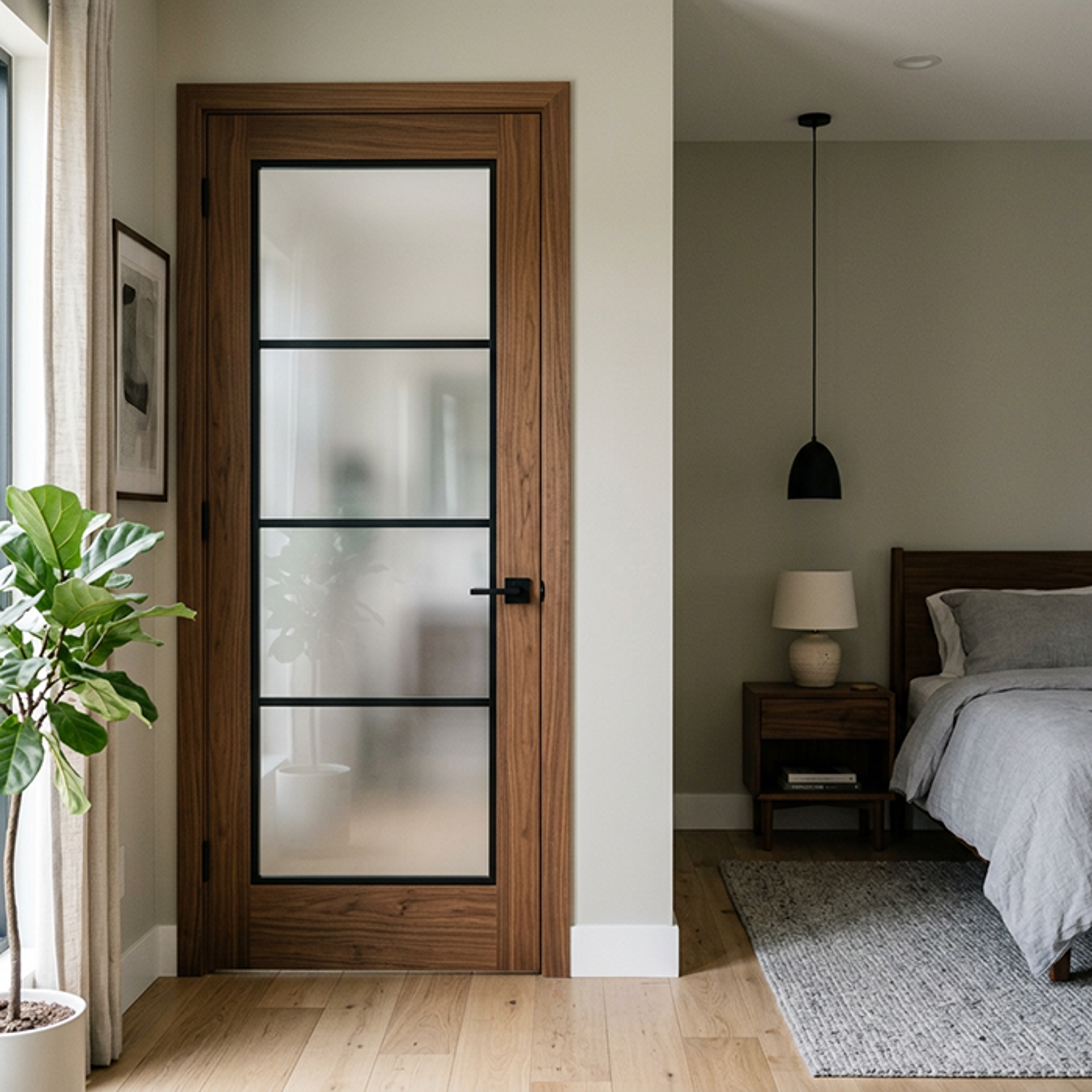 Contemporary Swing Single Bedroom Door Design with Frosted Glass