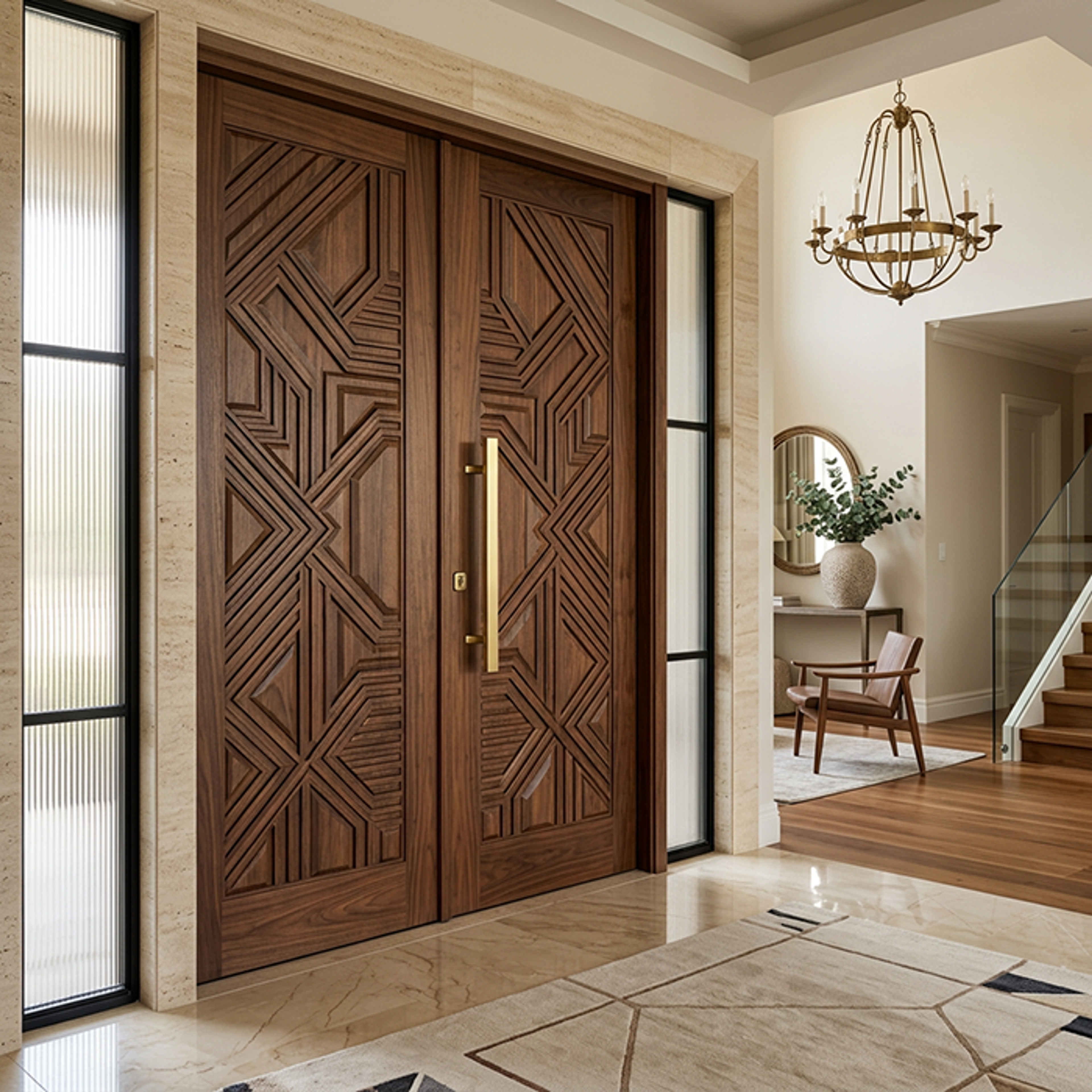 Contemporary Swing Double Entrance Door Design with Geometric Panels
