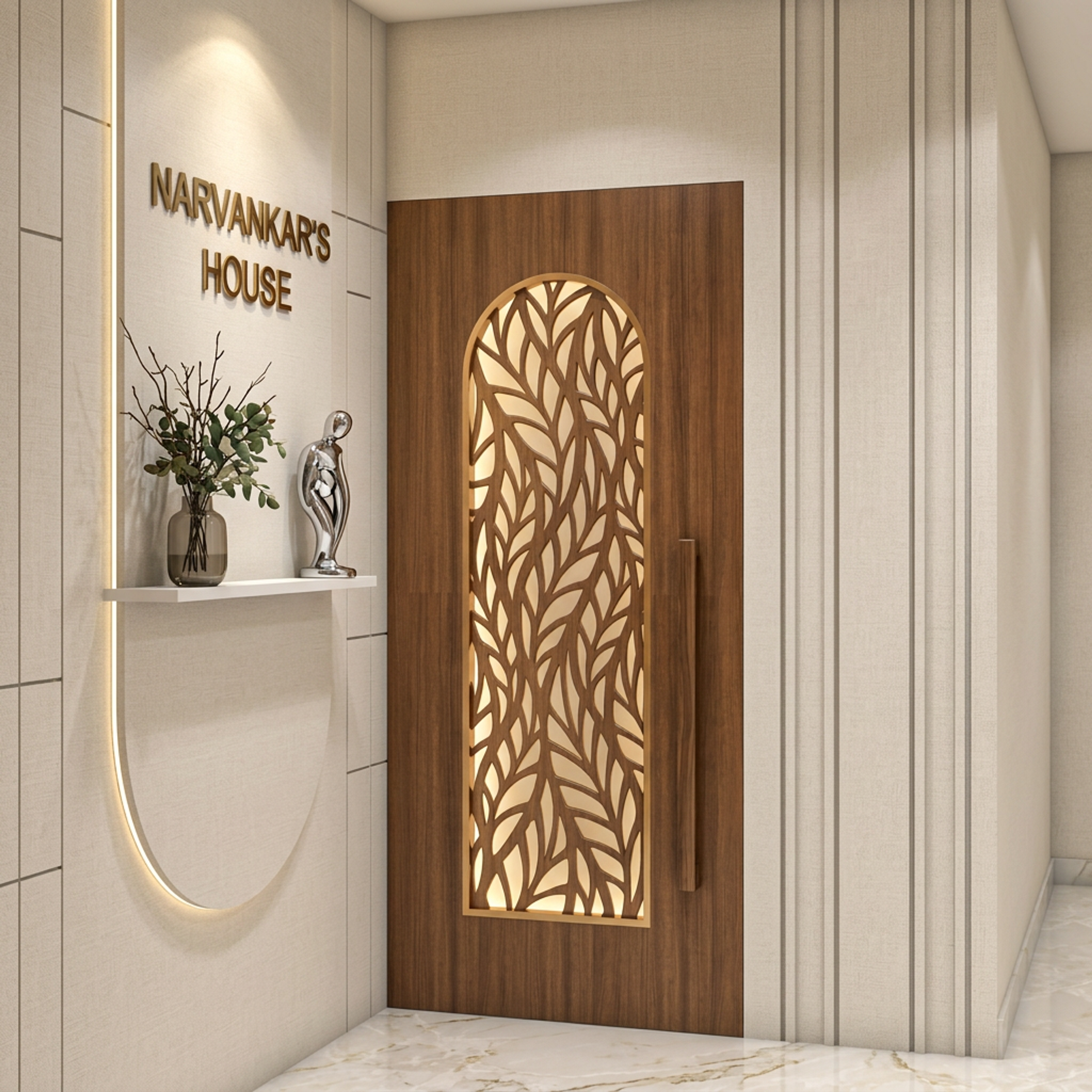 Traditional Swing Single Door Design with Backlit Arched Botanical Jaali