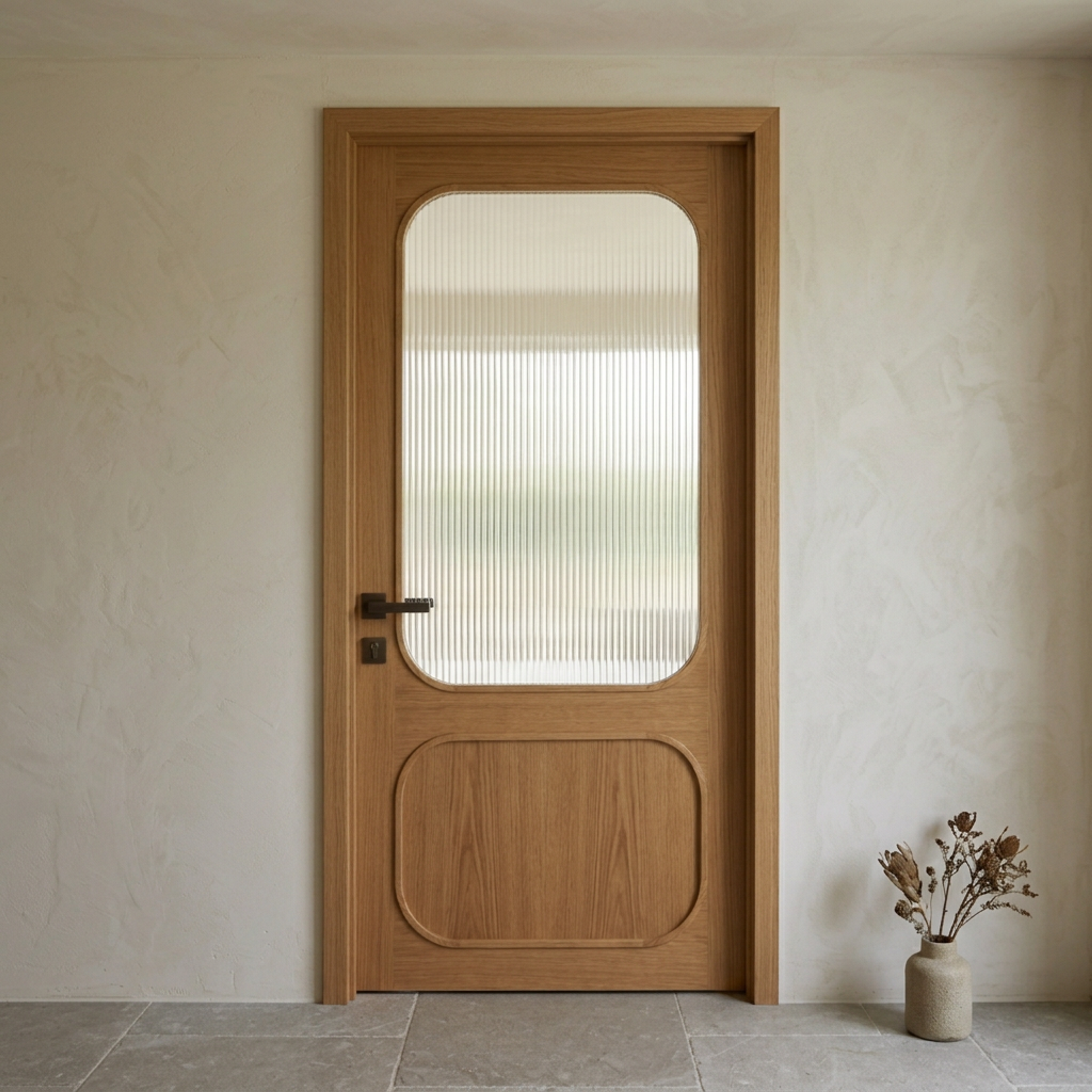 Traditional Swing Single Door Design with Fluted Glass and Curved Panelling