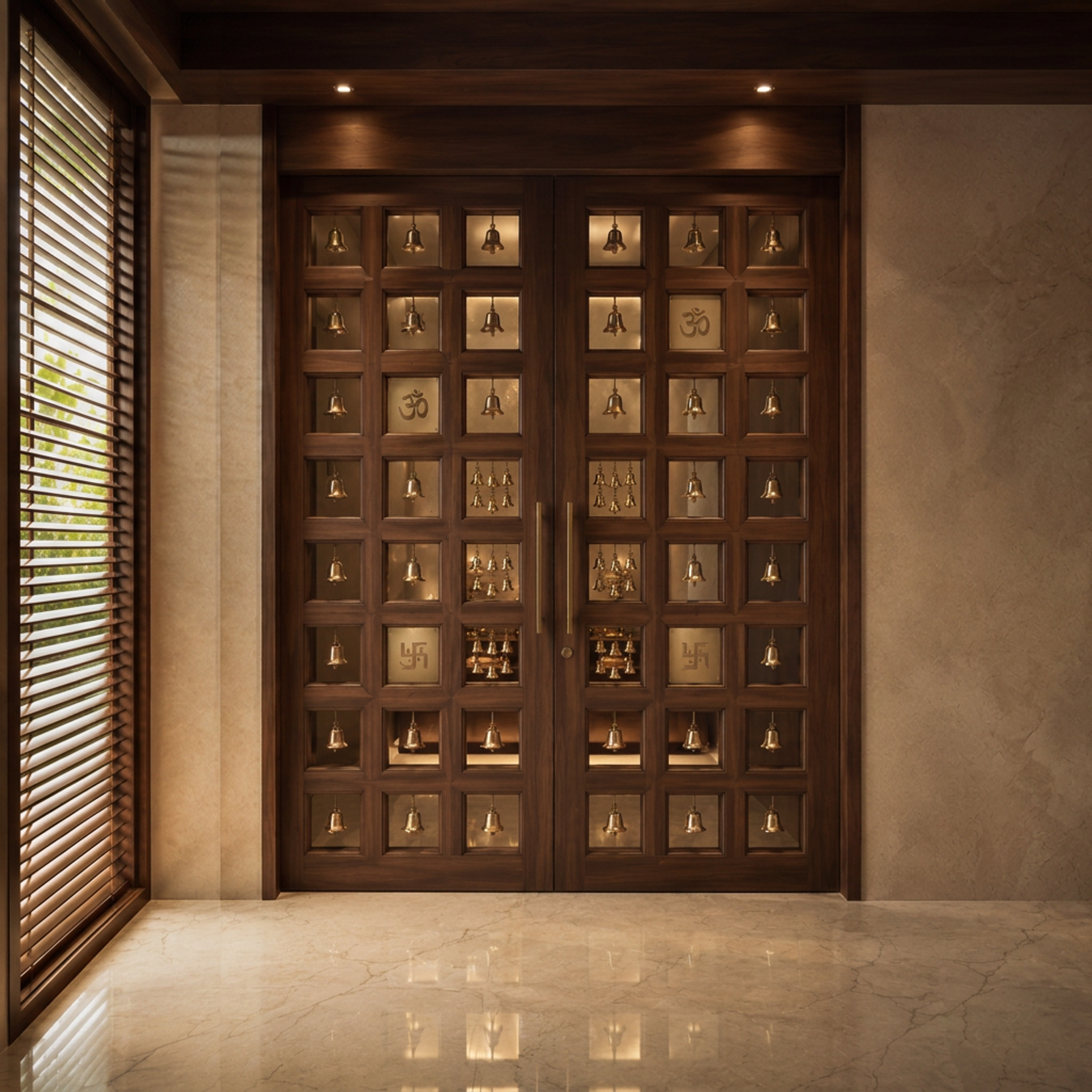 Modern Double Swing Door Design with Brass Bells and Sacred Motifs