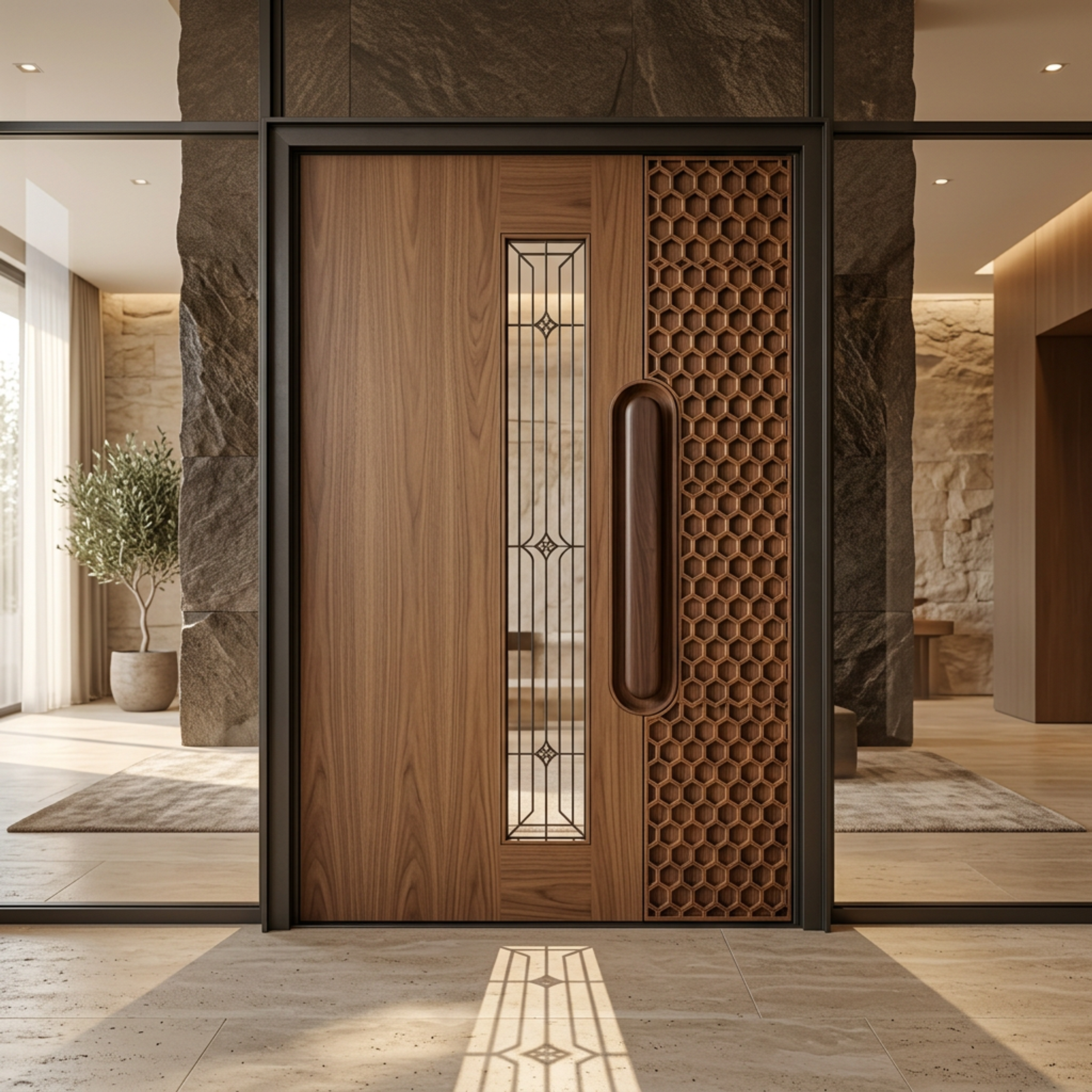 Modern Swing Door Design with Carved Honeycomb Border and Glass Insert